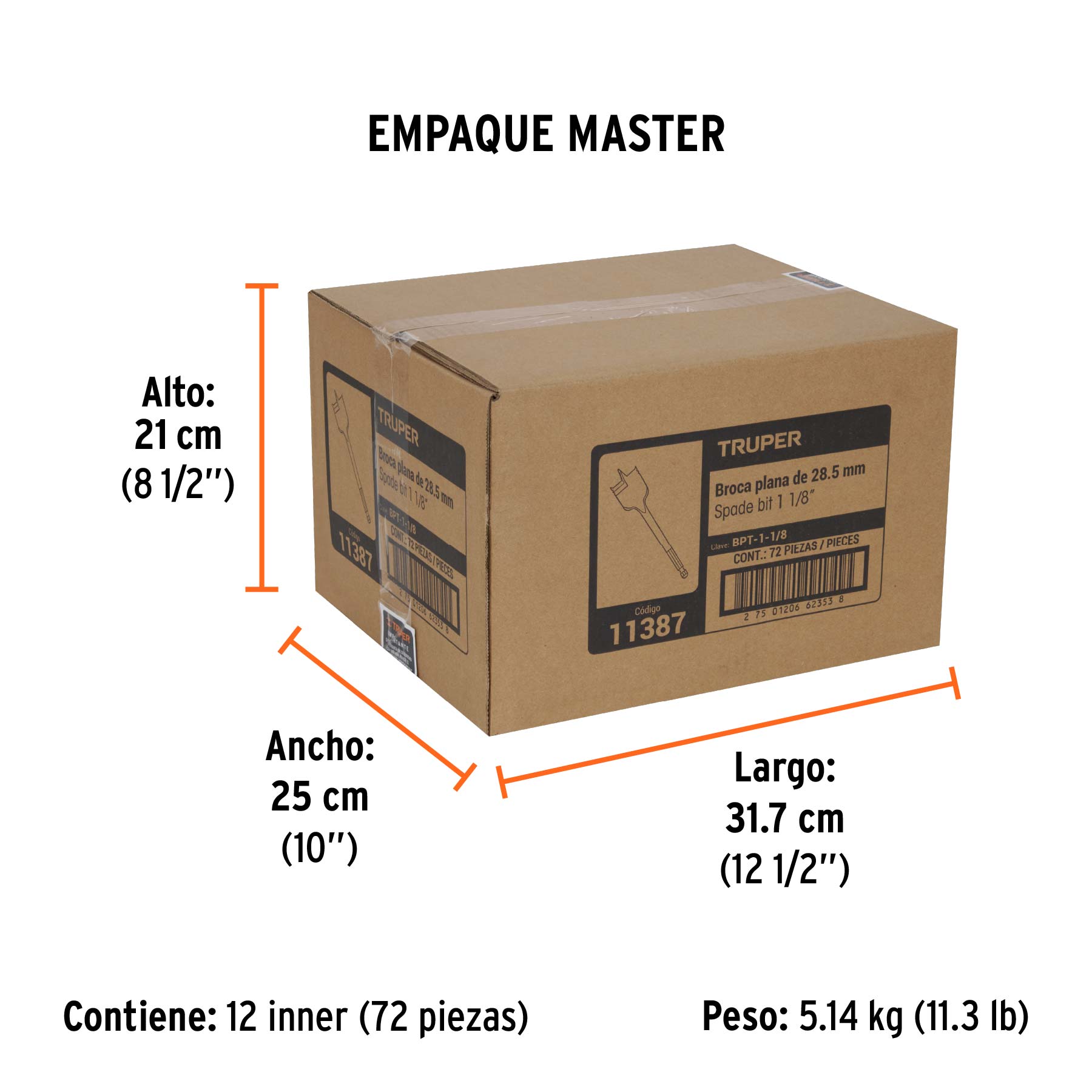 Broca plana de manita 1-1/8" para madera, TRUPER TRUPER