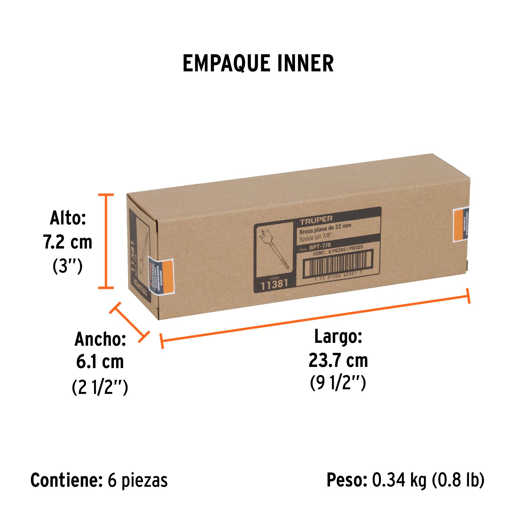 Broca plana de manita 7/8" para madera, TRUPER TRUPER