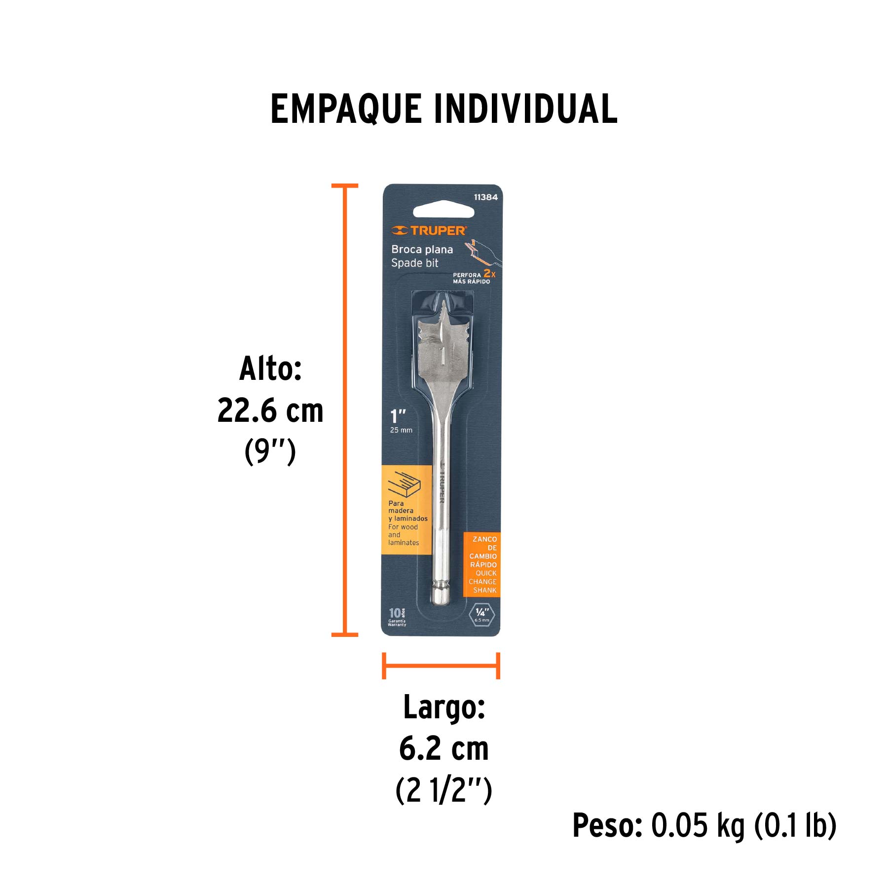 Broca plana de manita 1" para madera, TRUPER TRUPER