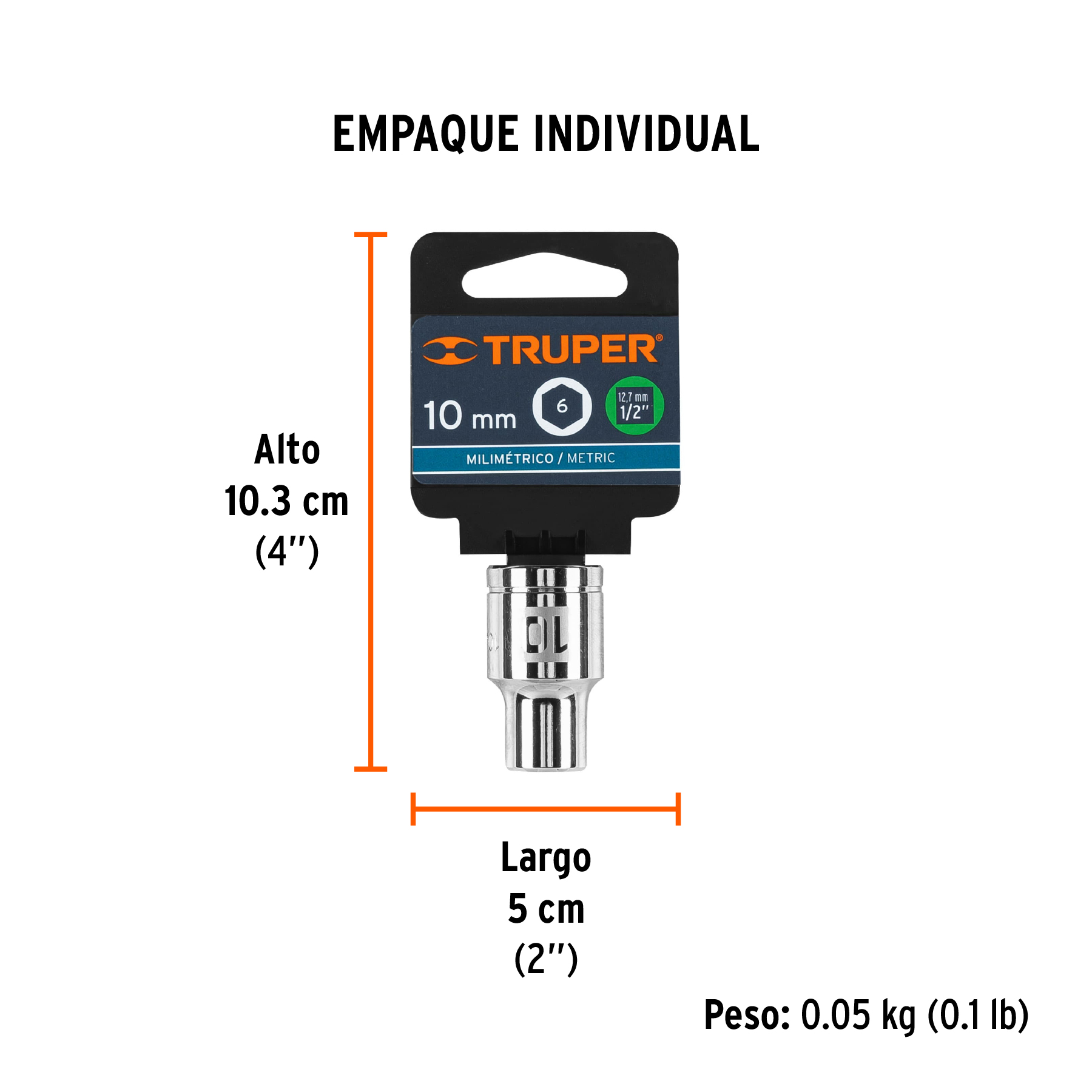 Dado de 10 mm, 6 puntas, cuadro 1/2", TRUPER TRUPER