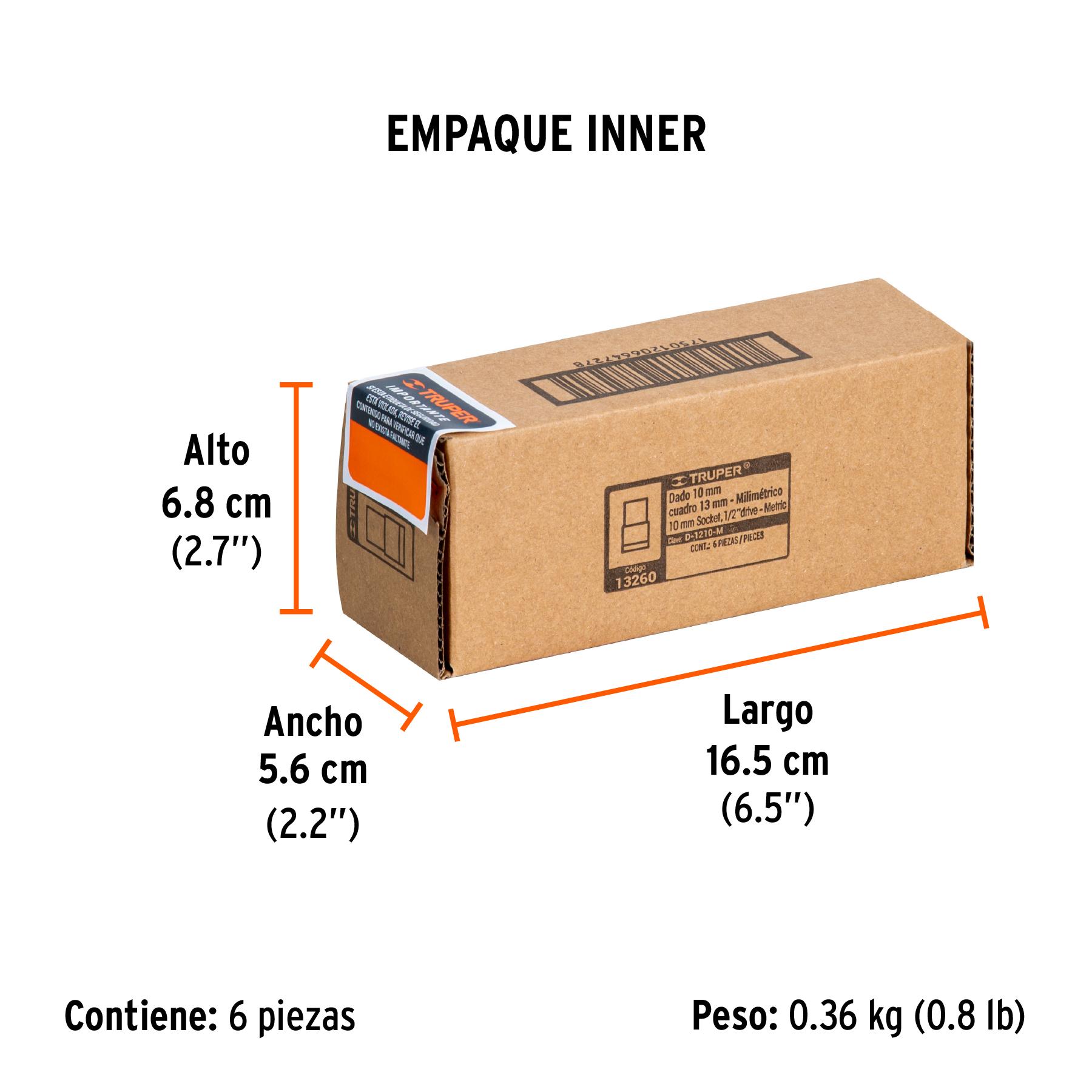 Dado de 10 mm, 6 puntas, cuadro 1/2", TRUPER TRUPER
