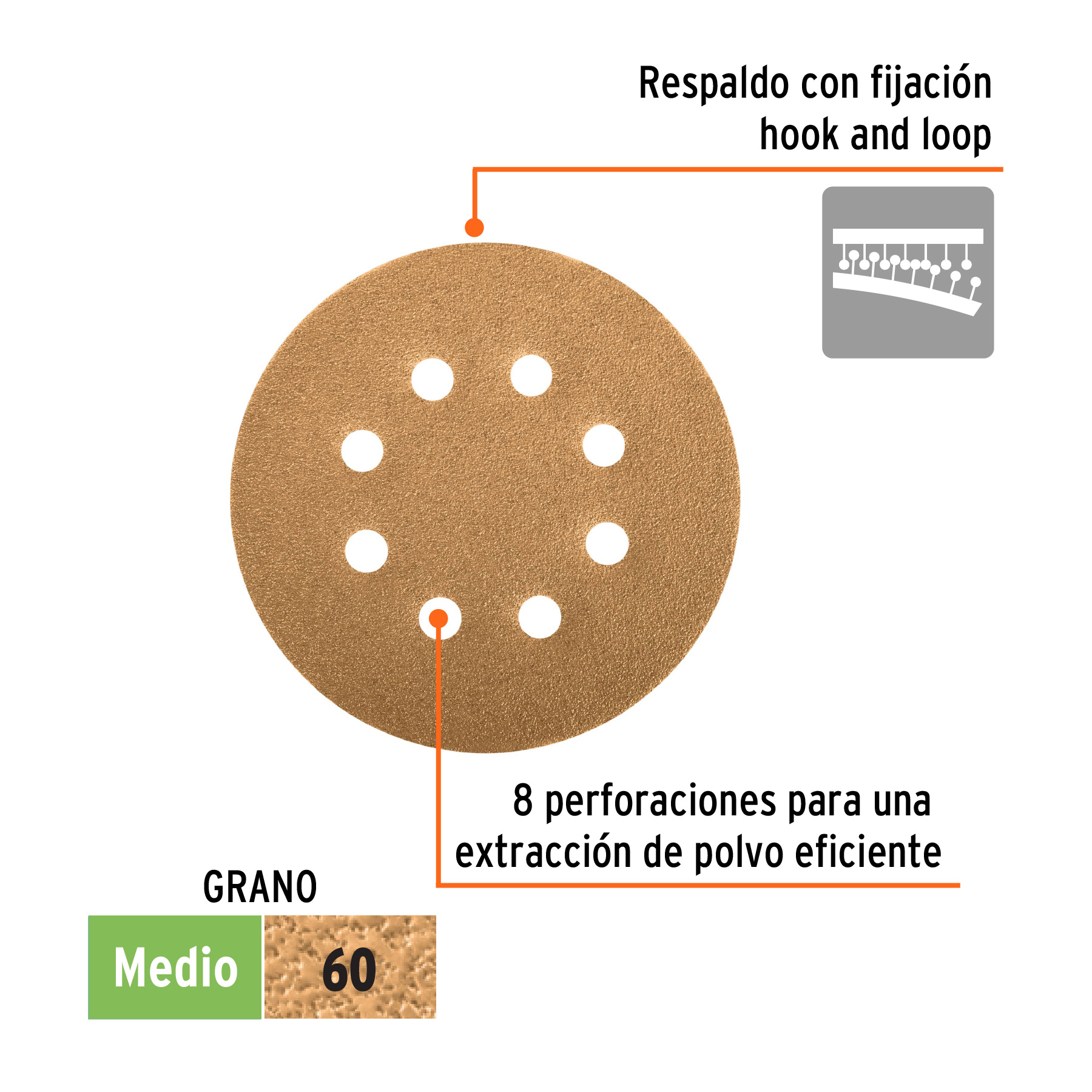 Paquete con 5 discos de lija 5" grano 60, 8 perforaciones TRUPER