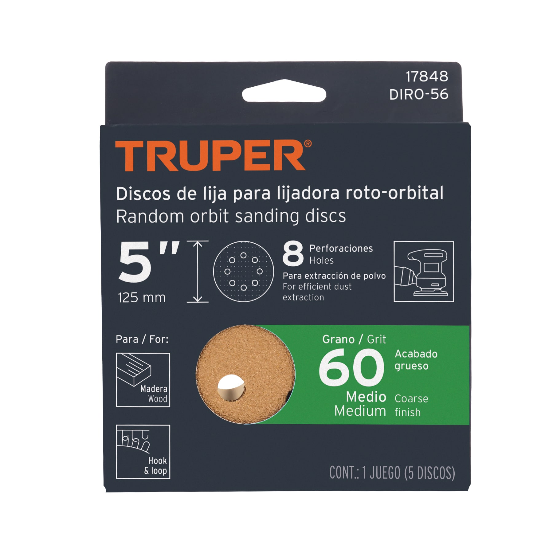 Paquete con 5 discos de lija 5" grano 60, 8 perforaciones TRUPER