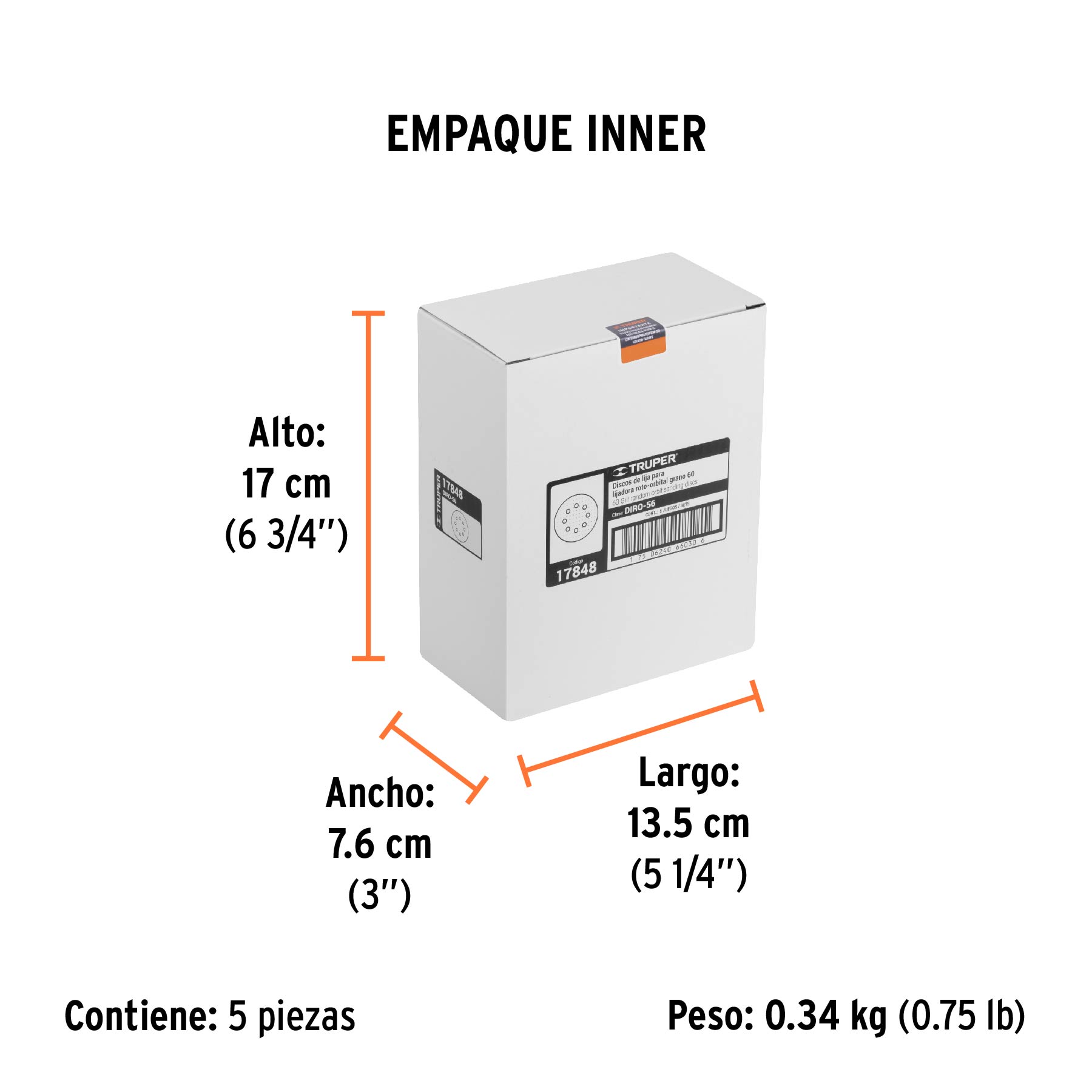 Paquete con 5 discos de lija 5" grano 60, 8 perforaciones TRUPER