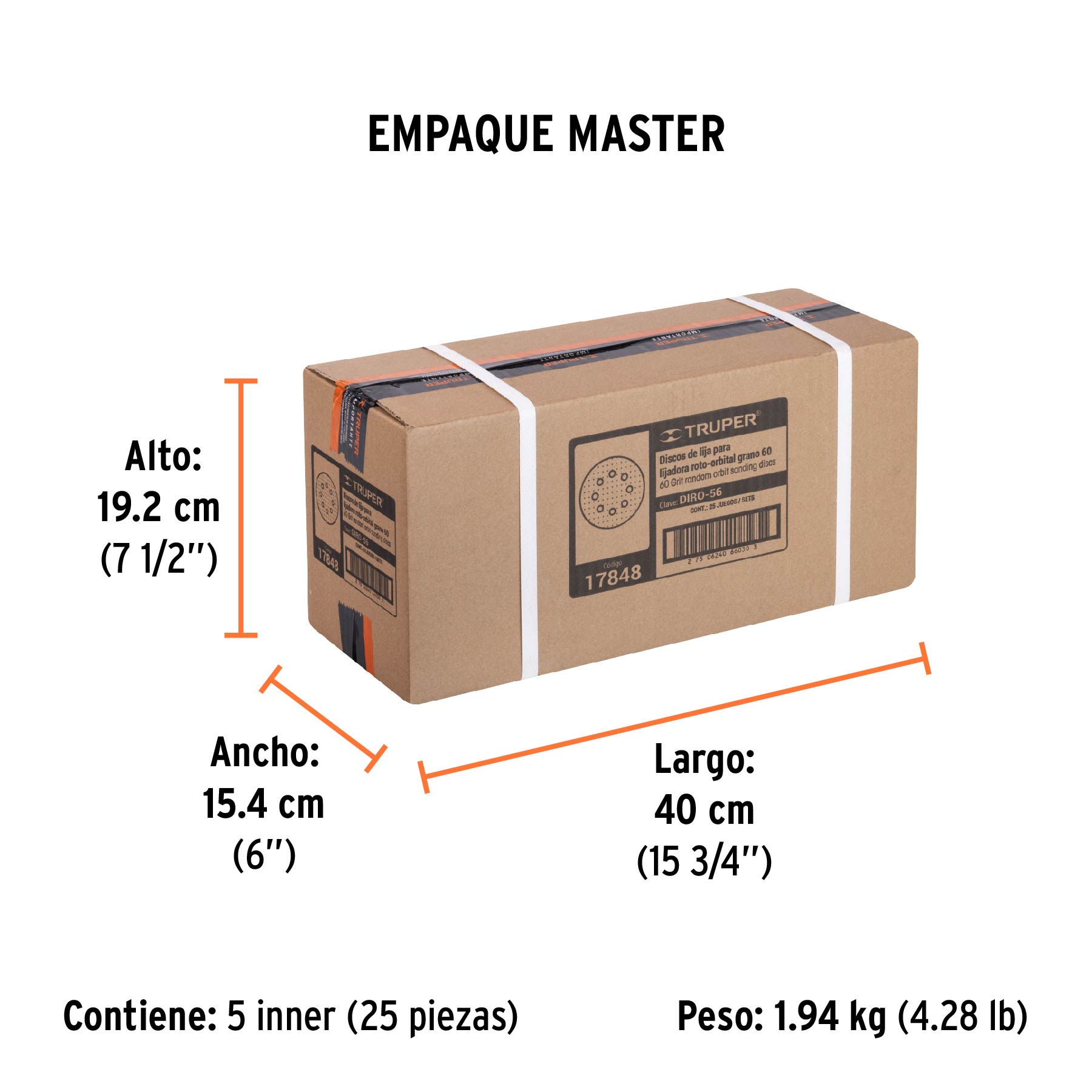 Paquete con 5 discos de lija 5" grano 60, 8 perforaciones TRUPER