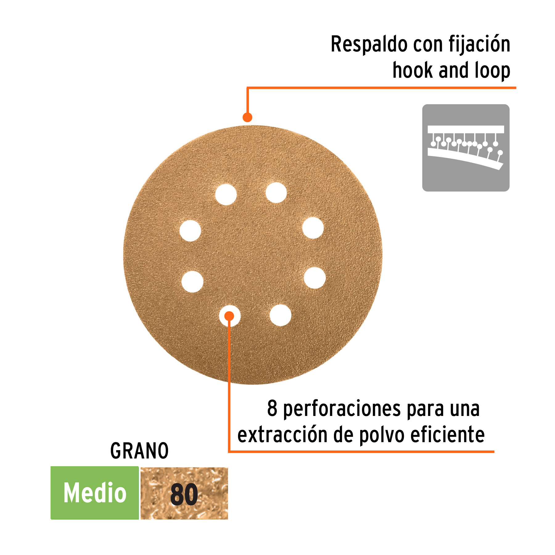 Paquete con 5 discos de lija 5" grano 80, 8 perforaciones TRUPER