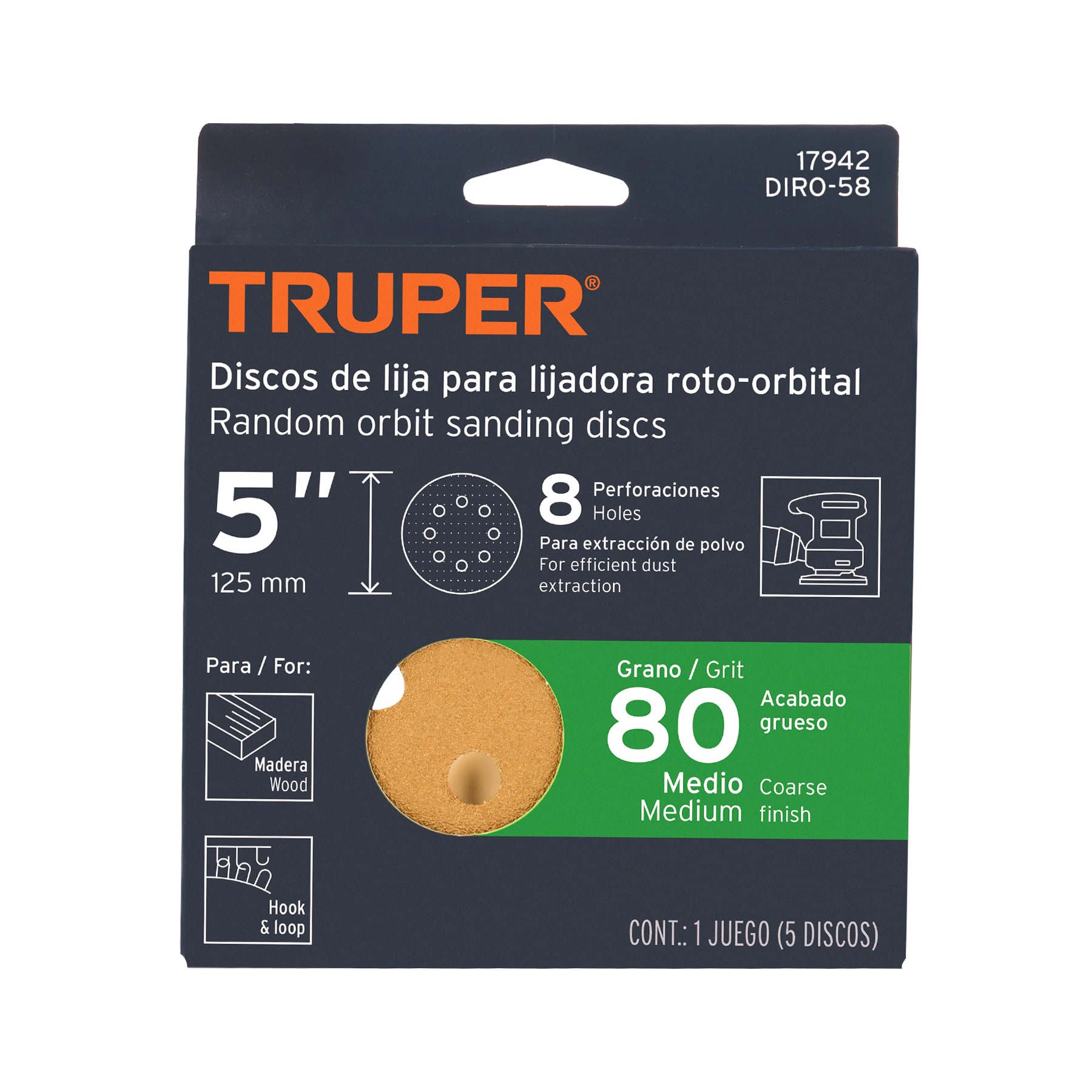 Paquete con 5 discos de lija 5" grano 80, 8 perforaciones TRUPER