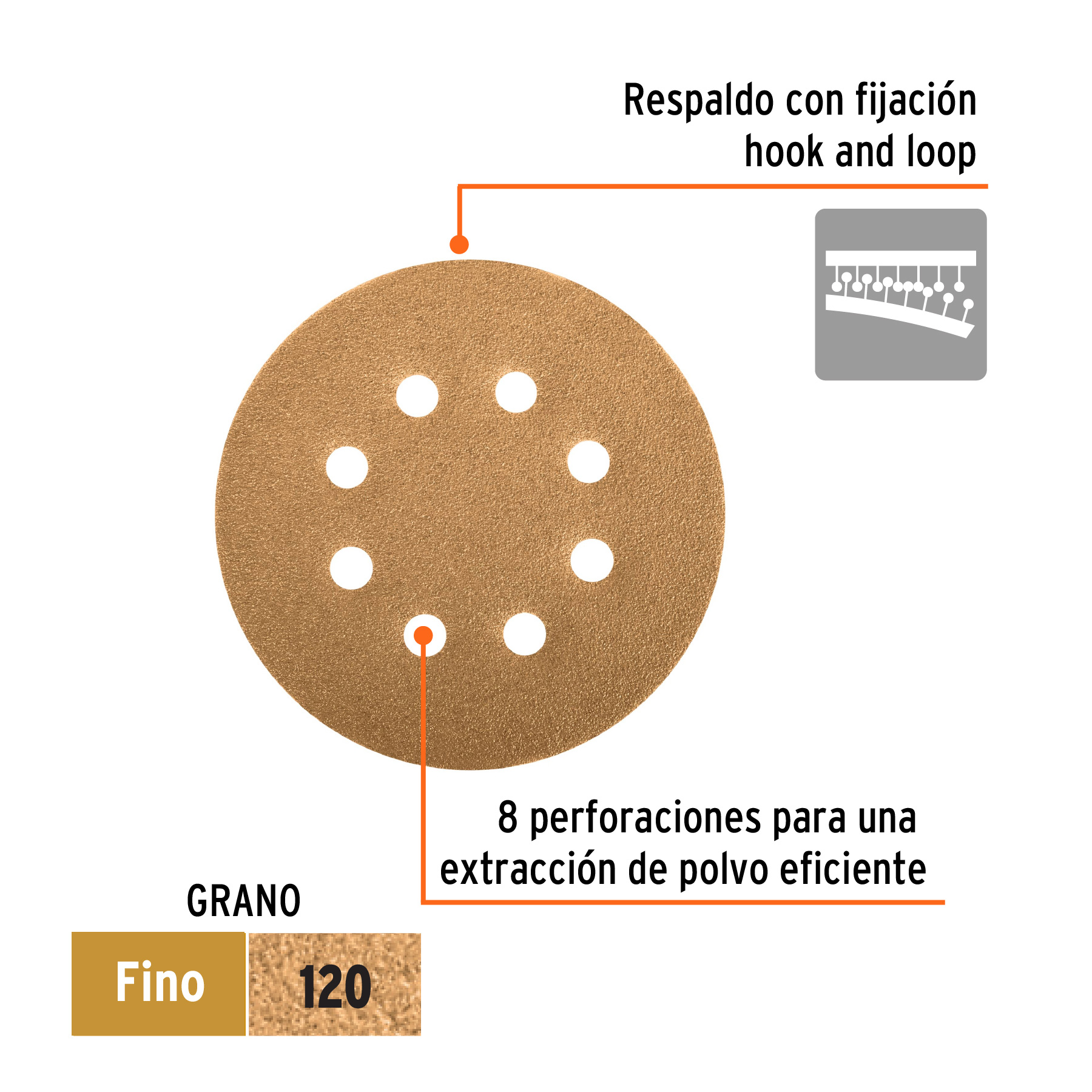 Paquete con 5 discos de lija 5" grano 120, 8 perforaciones TRUPER