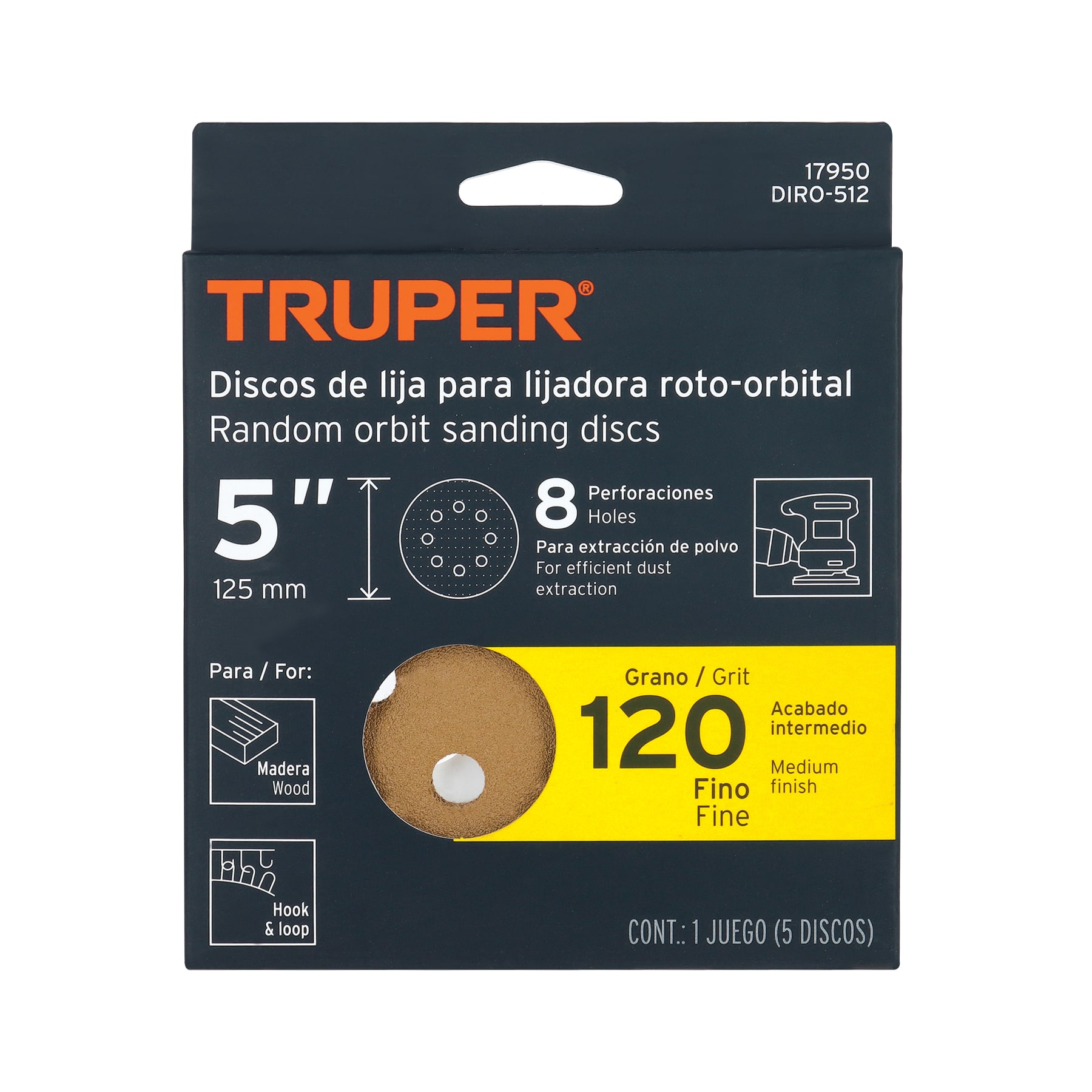 Paquete con 5 discos de lija 5" grano 120, 8 perforaciones TRUPER