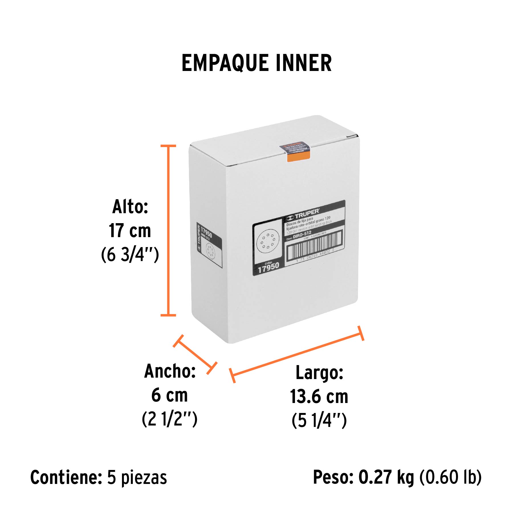 Paquete con 5 discos de lija 5" grano 120, 8 perforaciones TRUPER