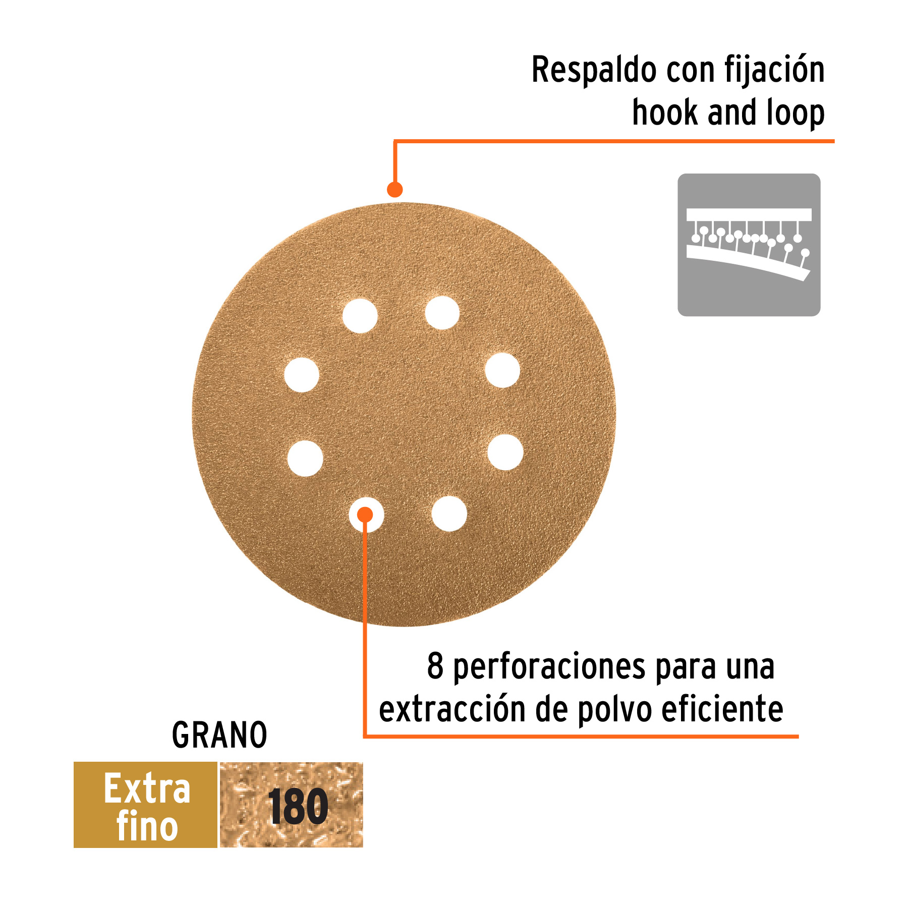Paquete con 5 discos de lija 5" grano 180, 8 perforaciones TRUPER