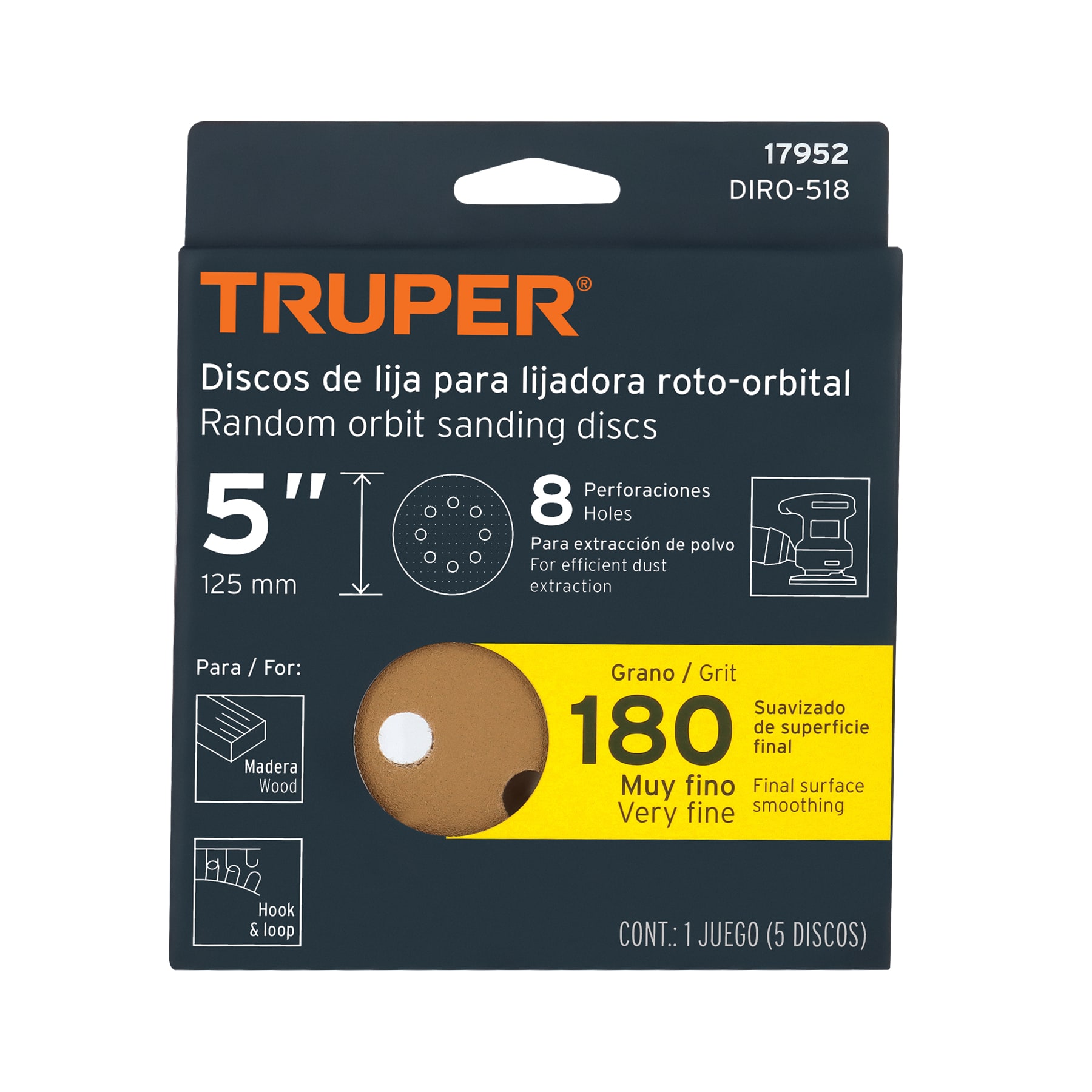 Paquete con 5 discos de lija 5" grano 180, 8 perforaciones TRUPER