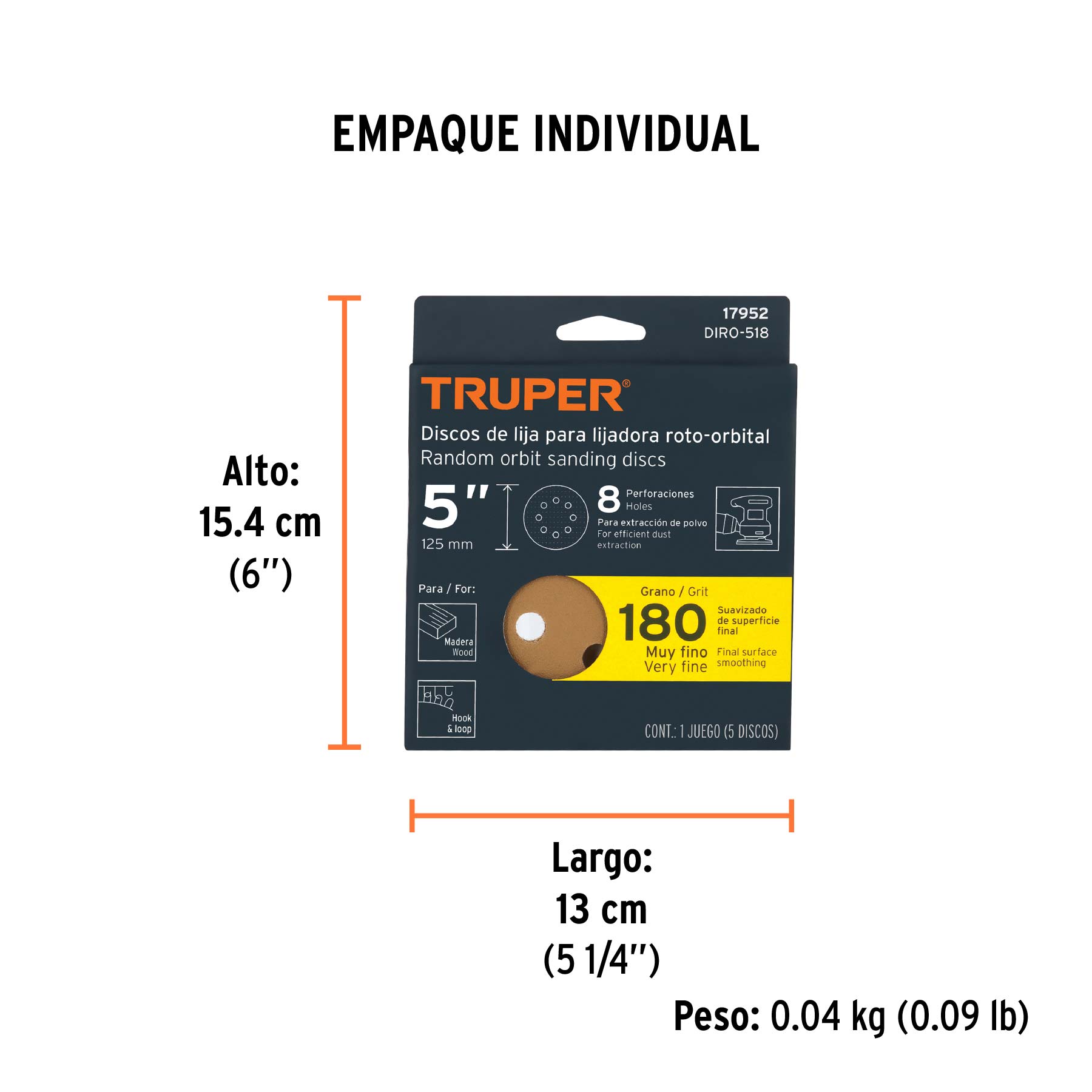 Paquete con 5 discos de lija 5" grano 180, 8 perforaciones TRUPER
