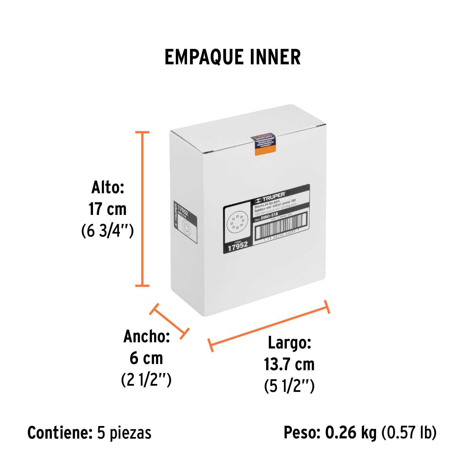 Paquete con 5 discos de lija 5" grano 180, 8 perforaciones TRUPER