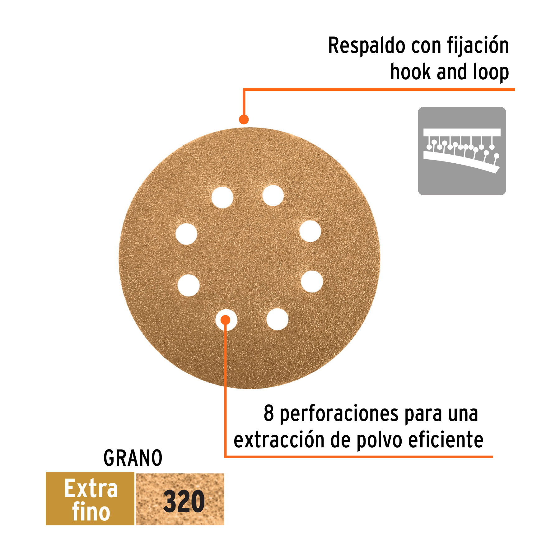 Paquete con 5 discos de lija 5" grano 320, 8 perforaciones TRUPER