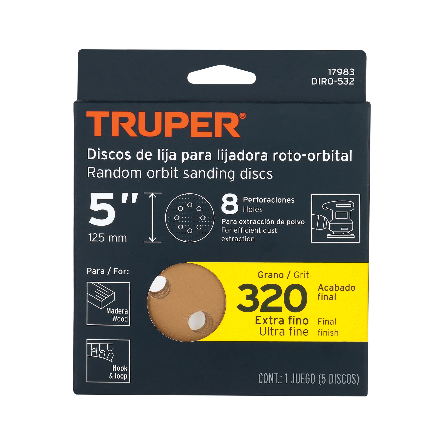 Paquete con 5 discos de lija 5" grano 320, 8 perforaciones TRUPER