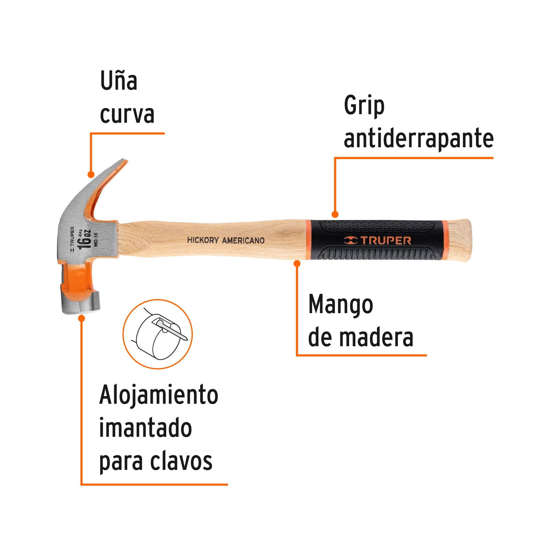 Martillo pulido 16 oz uña curva, mango hickory, TRUPER Grip TRUPER
