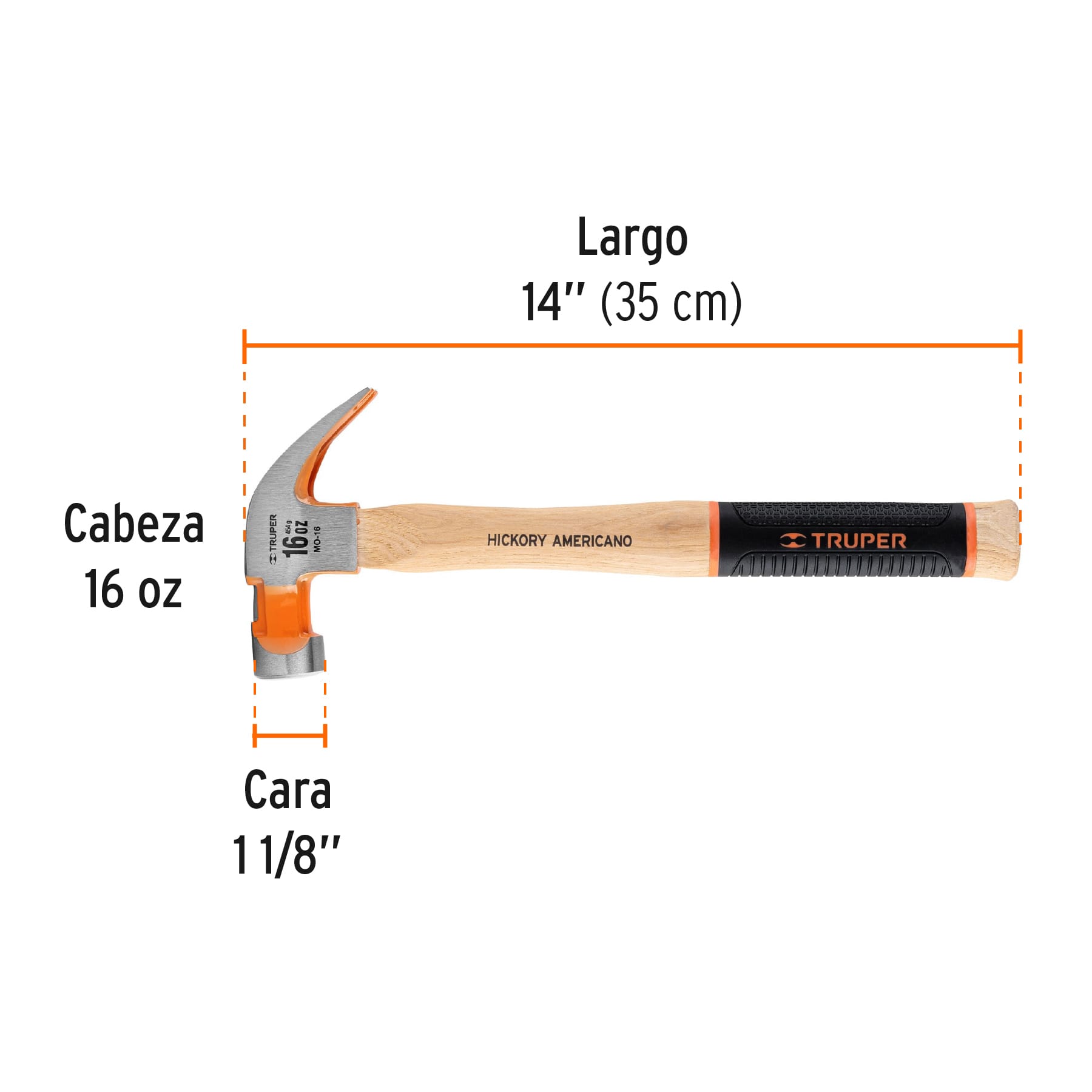 Martillo pulido 16 oz uña curva, mango hickory, TRUPER Grip TRUPER