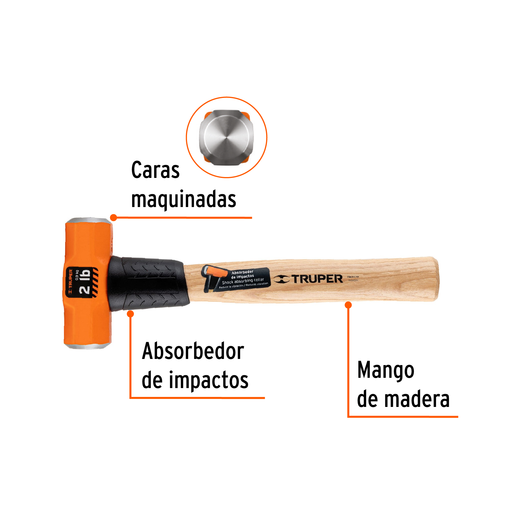 Marro octagonal 2 lb, mango de madera 12", TRUPER TRUPER