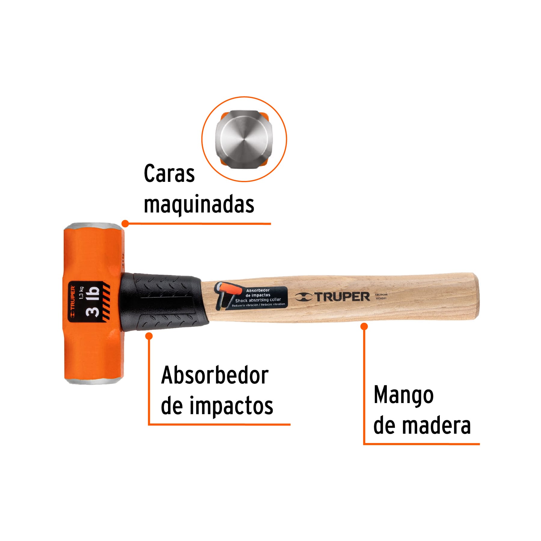 Marro octagonal 3 lb, mango de madera 12", TRUPER TRUPER
