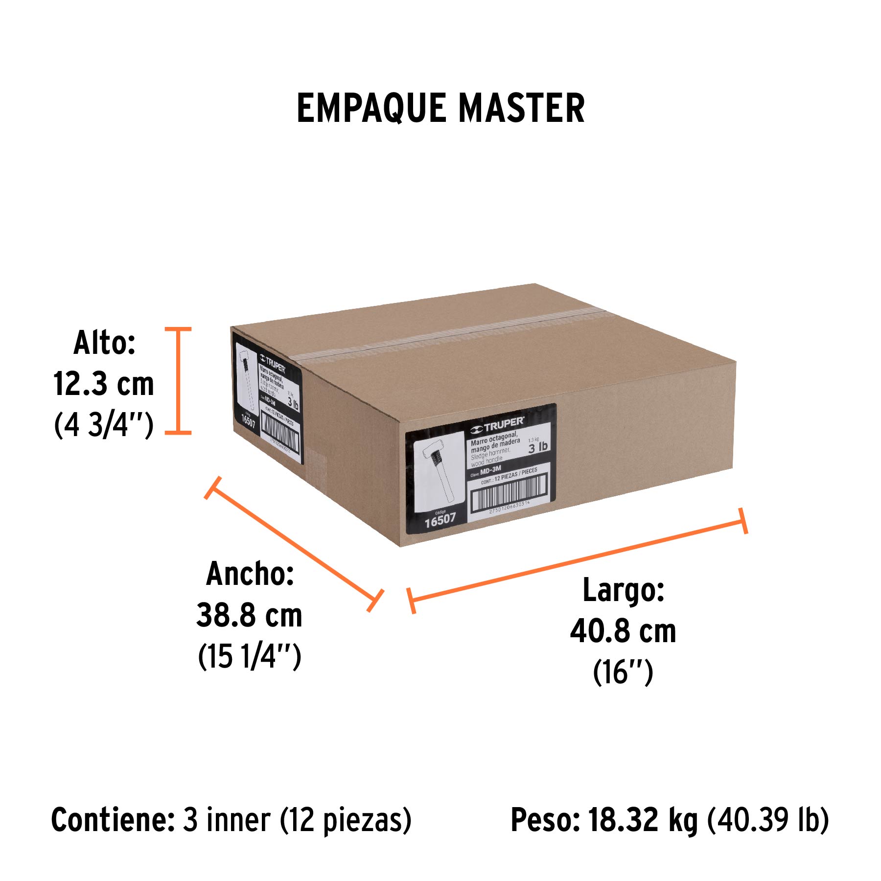 Marro octagonal 3 lb, mango de madera 12", TRUPER TRUPER