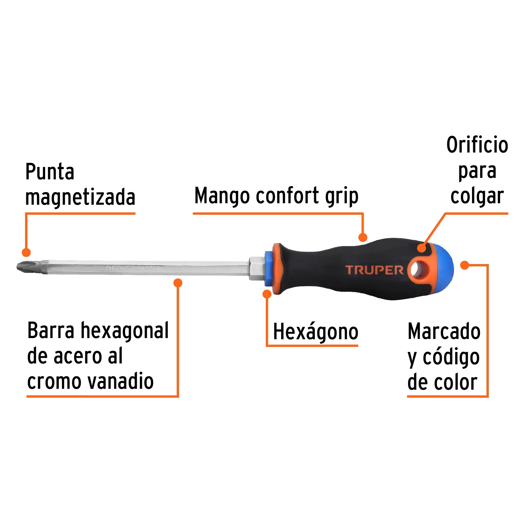 Desarmador de cruz 5/16" x 6" mango Comfort Grip, TRUPER TRUPER