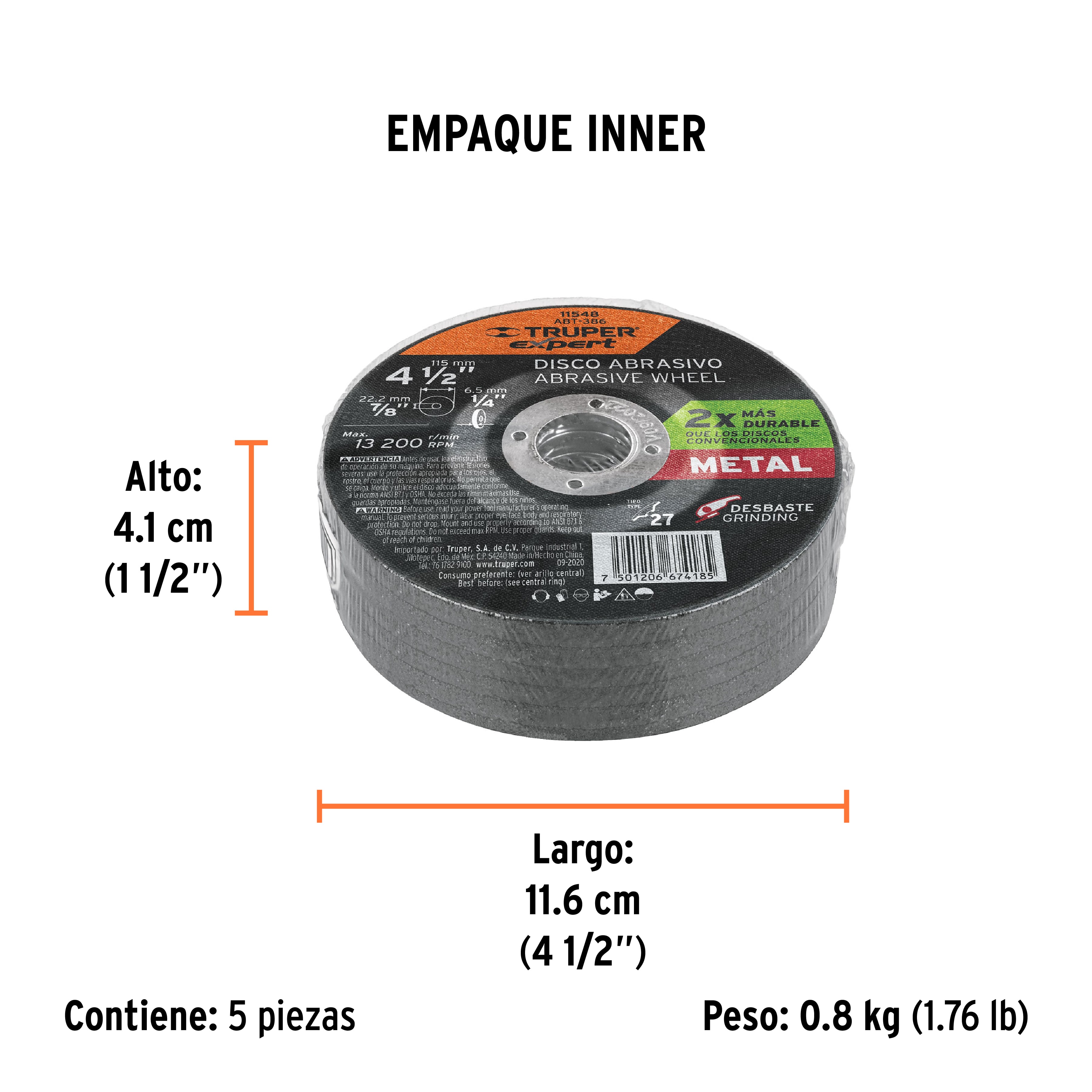 Disco Tipo 27 de 4-1/2" x 6.4 mm desbaste de metal, EXPERT TRUPER