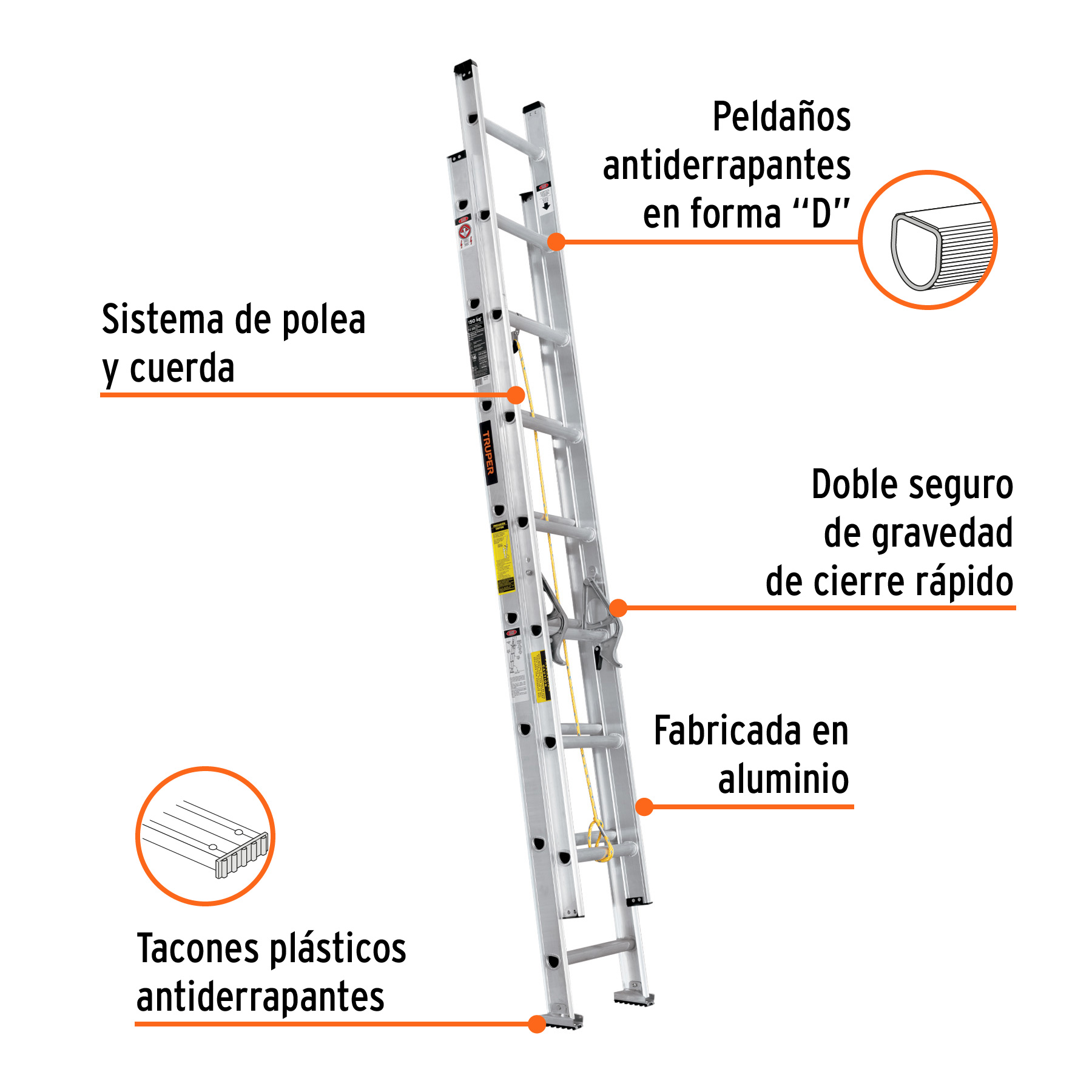 Escalera de extensión, tipo III, 16 peldaños, TRUPER TRUPER