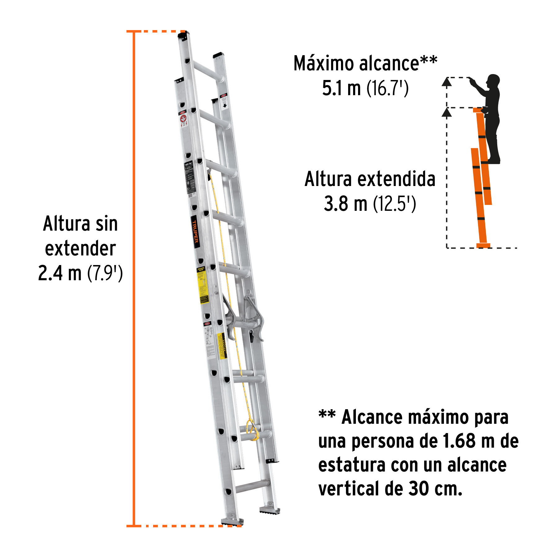 Escalera de extensión, tipo III, 16 peldaños, TRUPER TRUPER