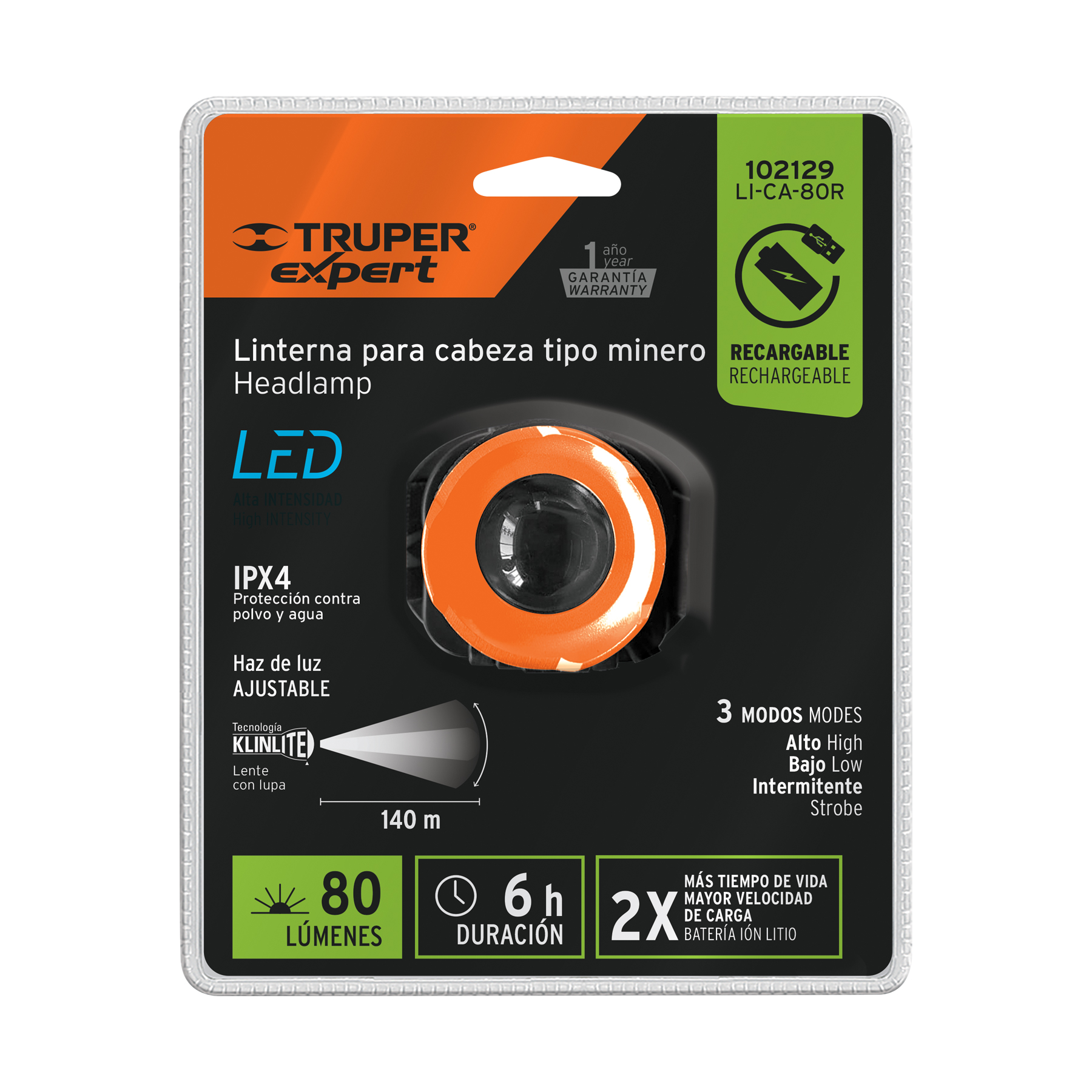 Linterna de minero LED 80 lm, recargable, TRUPER EXPERT TRUPER