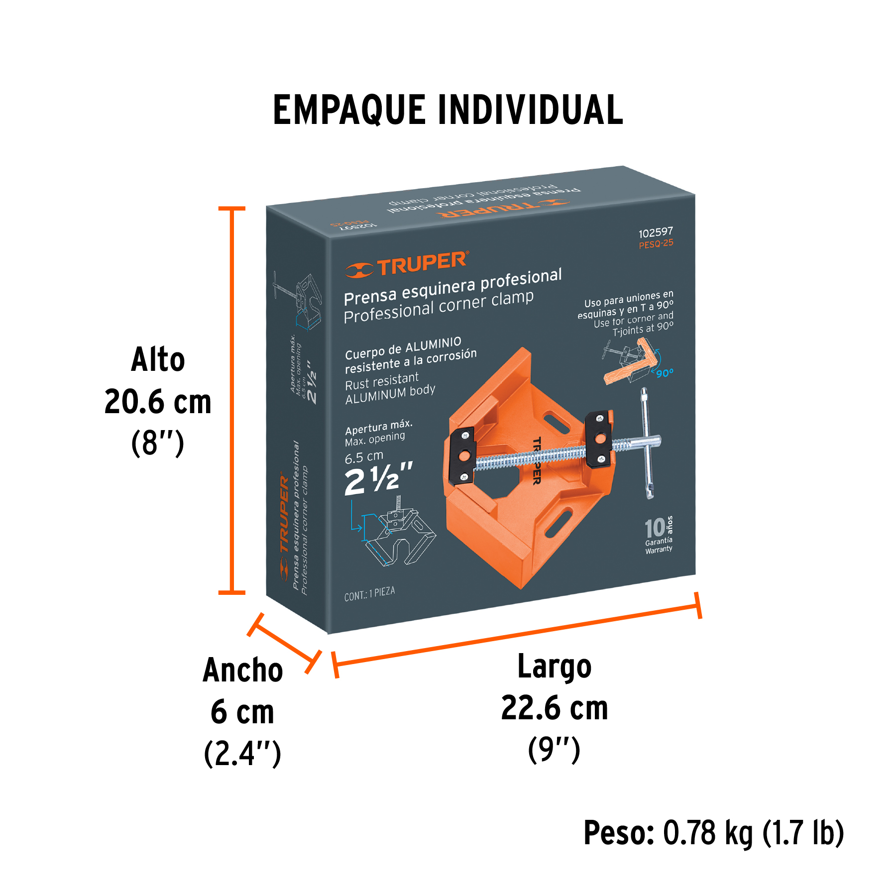 Prensa esquinera profesional 2-1/2", cuerpo aluminio, TRUPER TRUPER