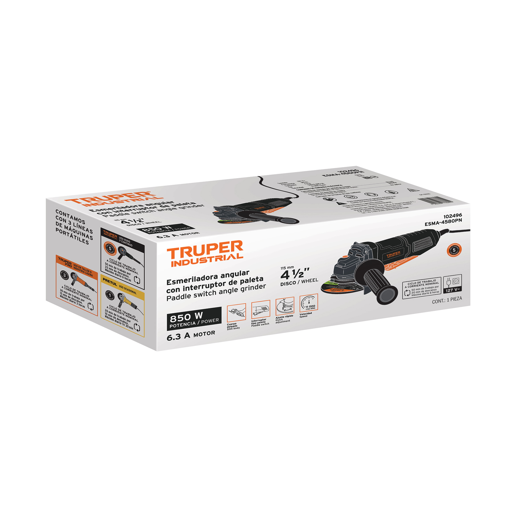 Esmeriladora 4-1/2", 850 W, int. paleta, TRUPER INDUSTRIAL TRUPER