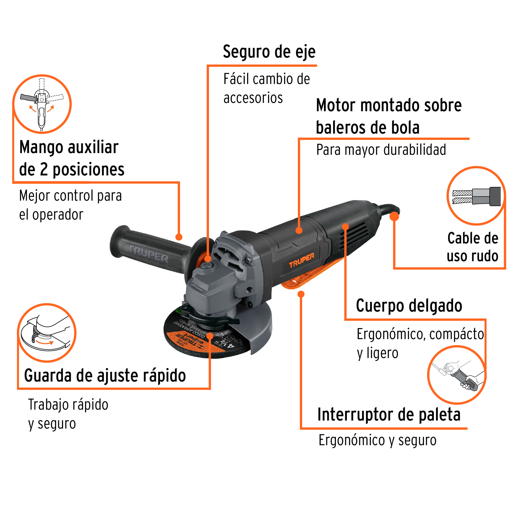 Esmeriladora 4-1/2", 850 W, int. paleta, TRUPER INDUSTRIAL TRUPER