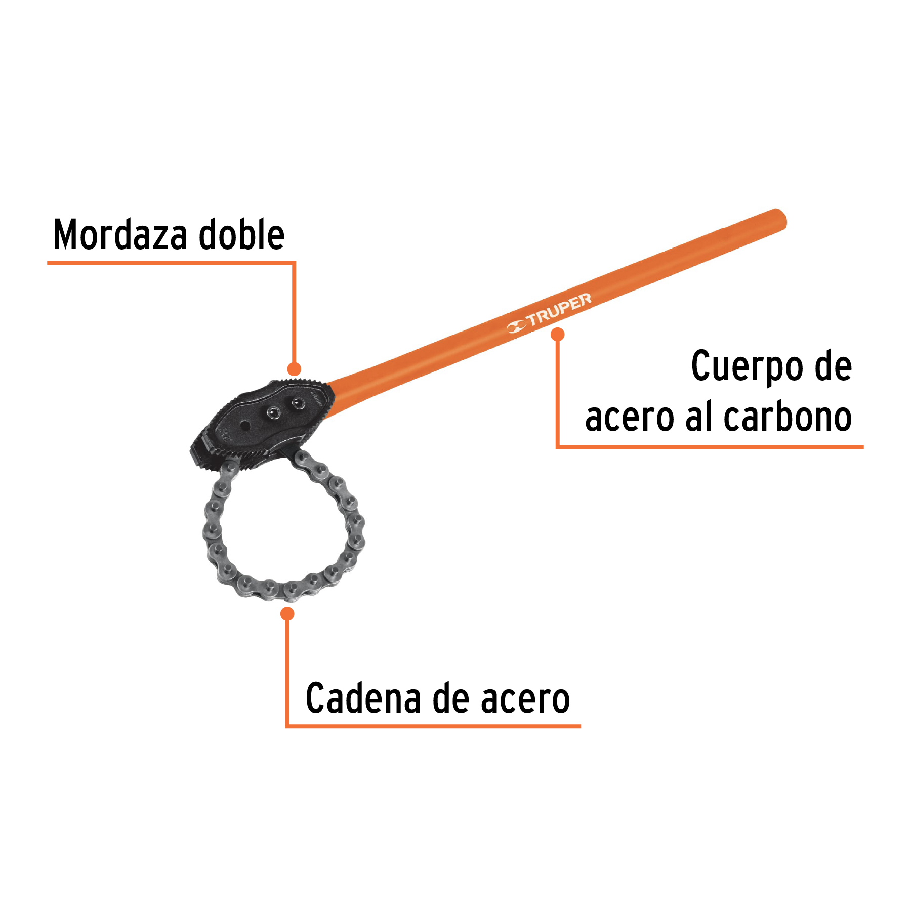 Llave de cadena tipo caimán uso pesado, mango de 28", TRUPER TRUPER