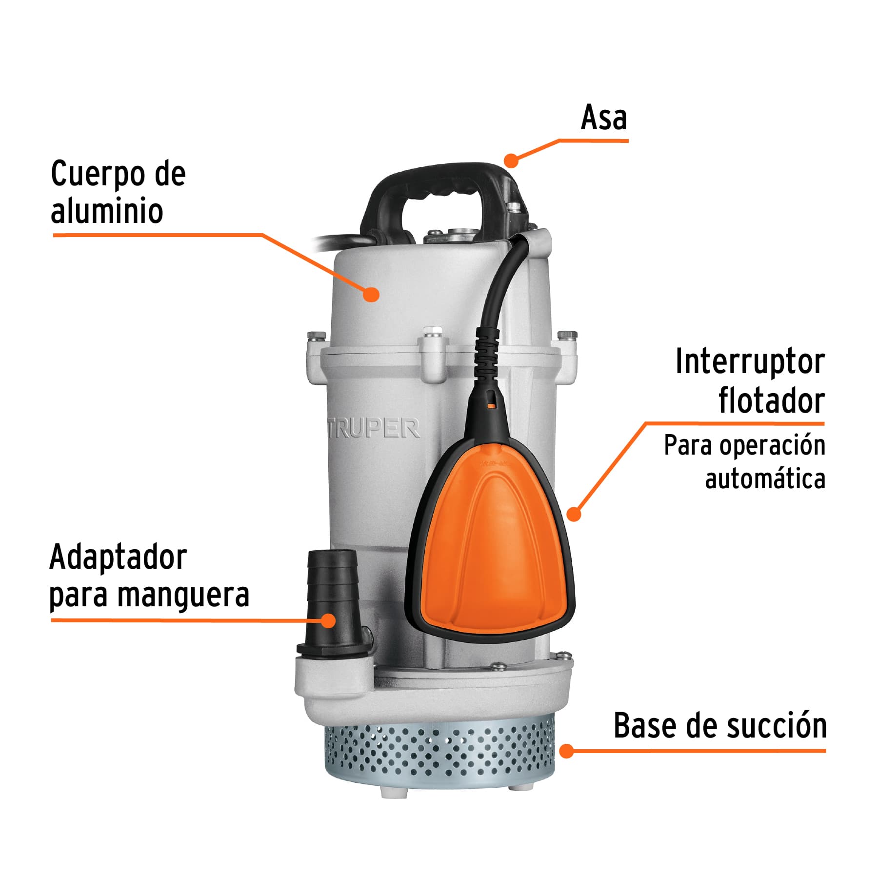 Bomba sumergible cubierta aluminio,agua limpia,3/4HP, TRUPER TRUPER