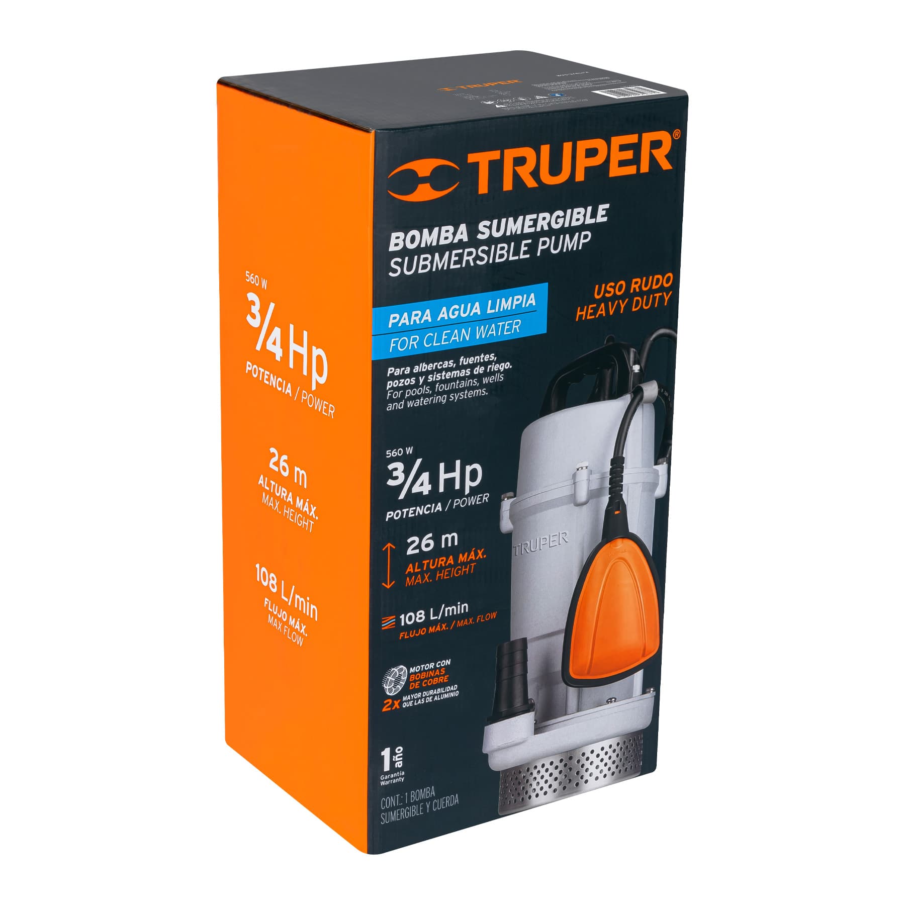 Bomba sumergible cubierta aluminio,agua limpia,3/4HP, TRUPER TRUPER