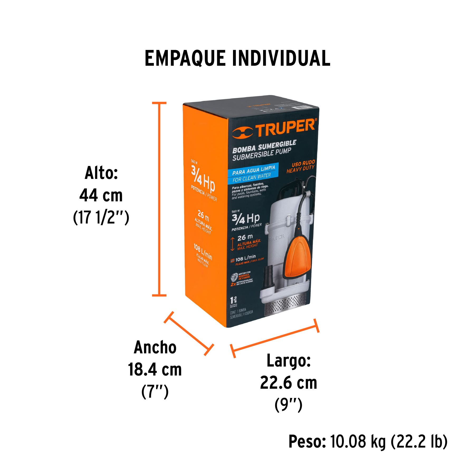 Bomba sumergible cubierta aluminio,agua limpia,3/4HP, TRUPER TRUPER