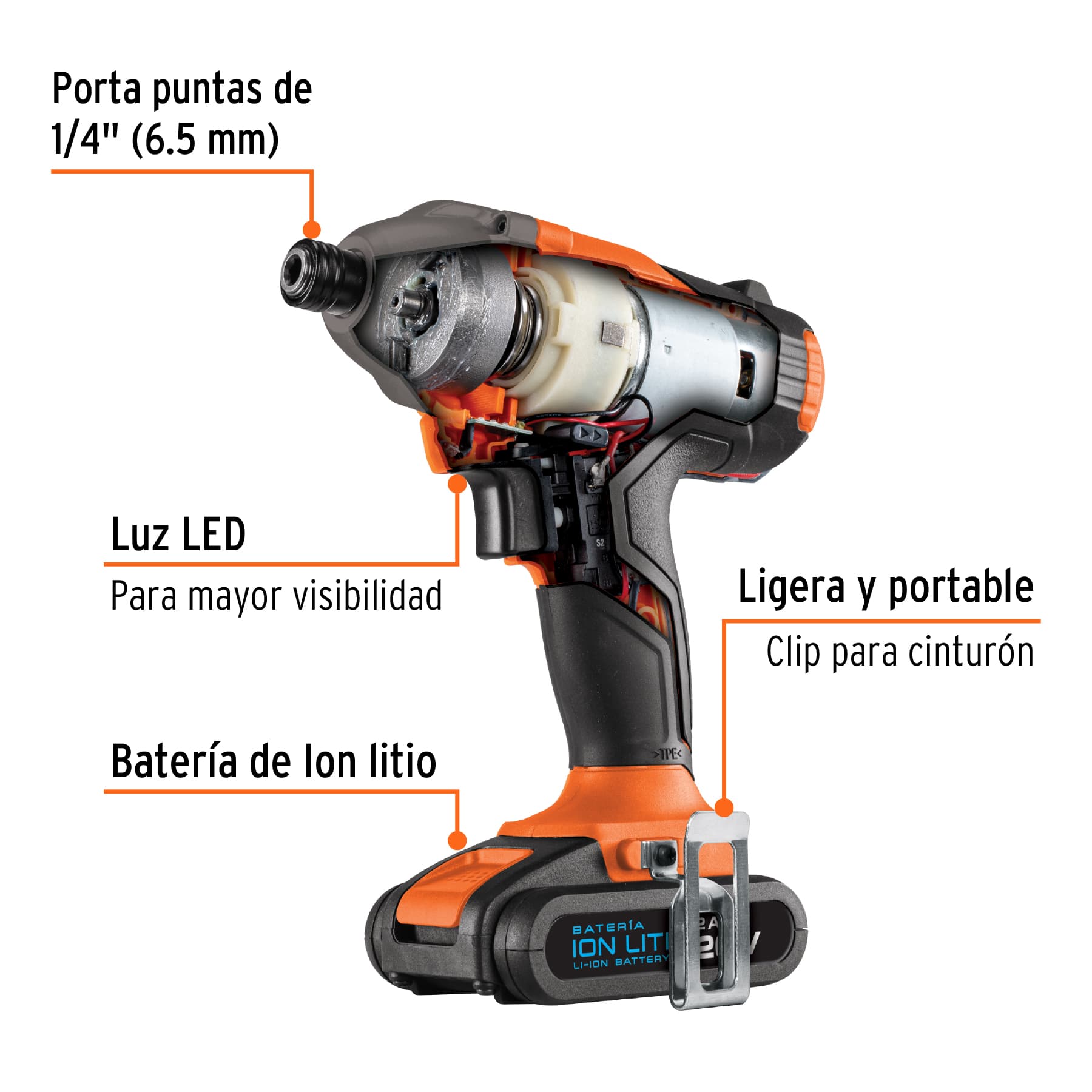 Destornillador de impacto 1/4", 20V, 1 batería 2Ah, PRO TRUPER