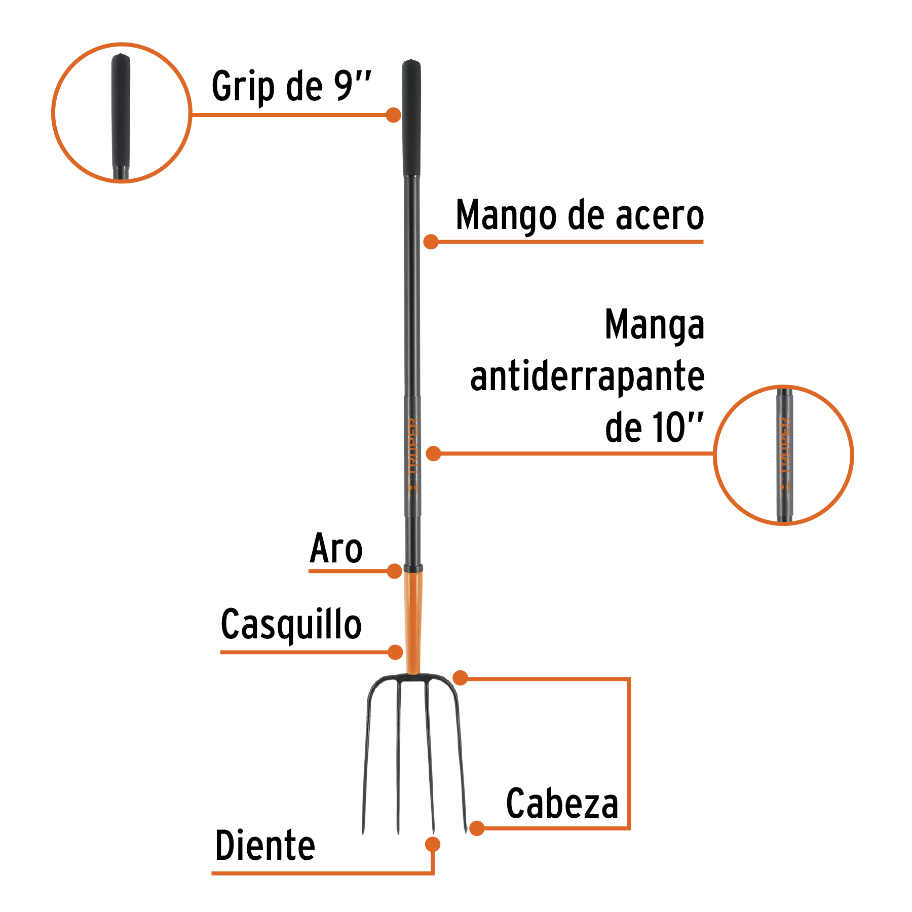 Bieldo para paja, 4 dientes, mango largo de acero 48" TRUPER TRUPER