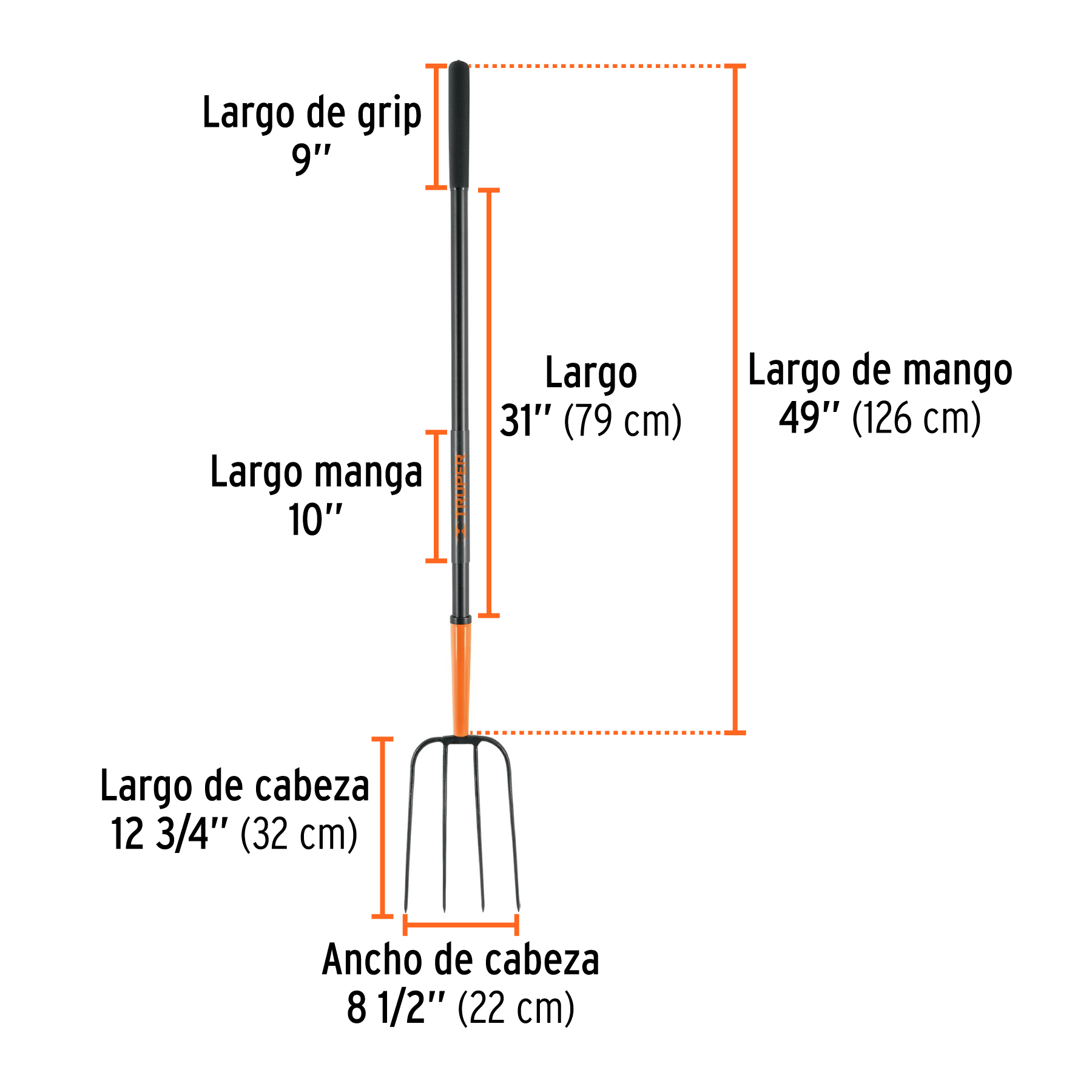 Bieldo para paja, 4 dientes, mango largo de acero 48" TRUPER TRUPER