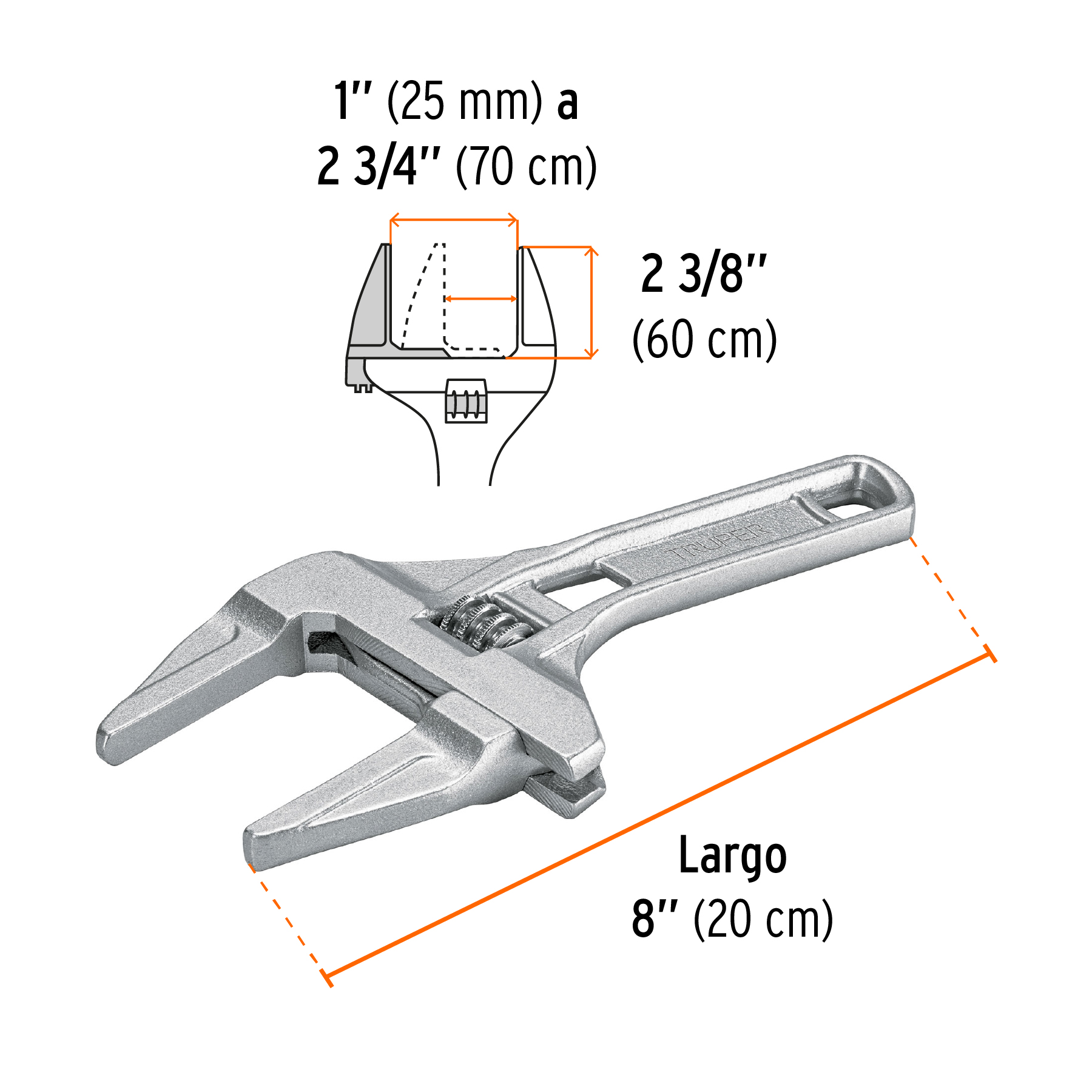 Llave ajustable 8" para plomero, apertura 3", TRUPER TRUPER