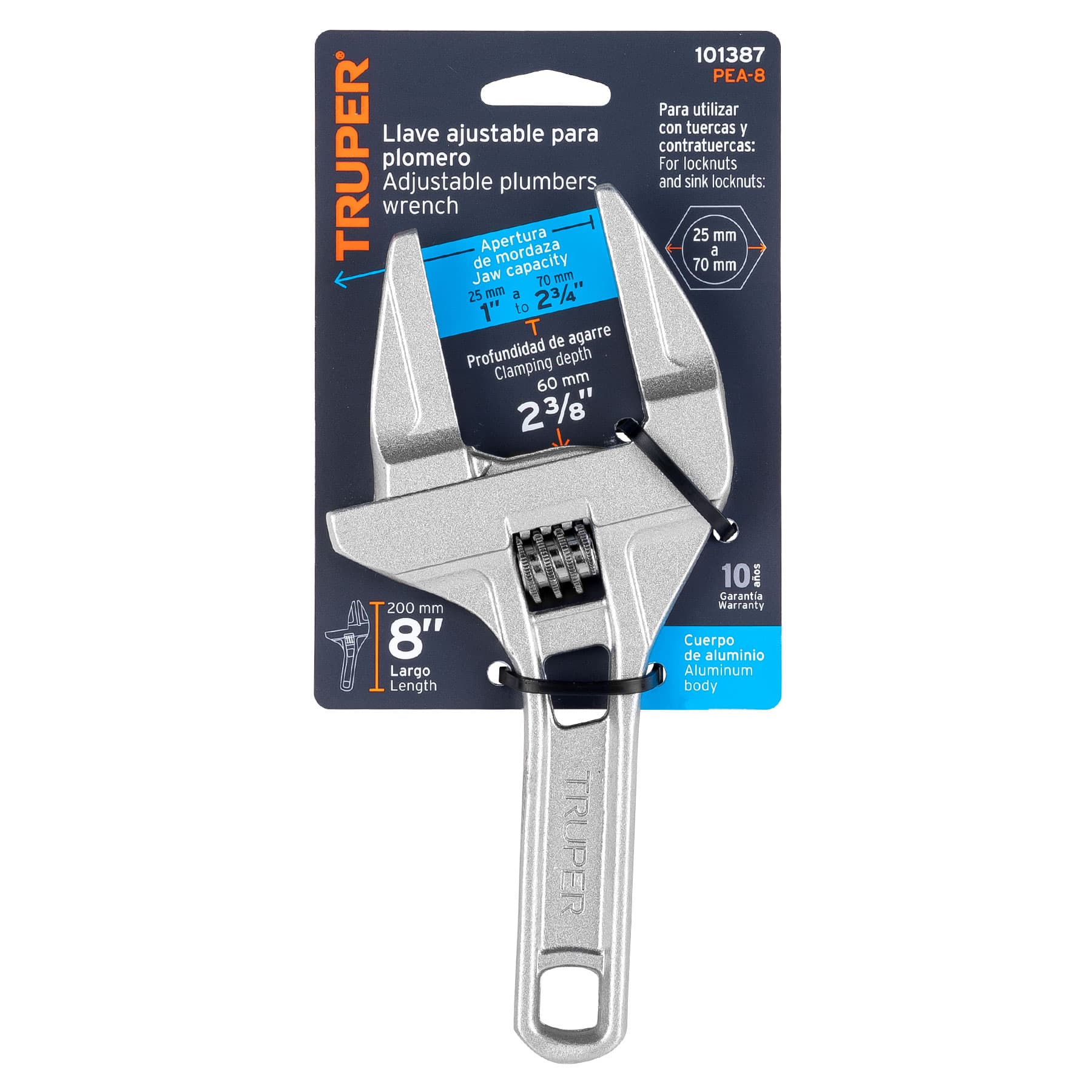 Llave ajustable 8" para plomero, apertura 3", TRUPER TRUPER