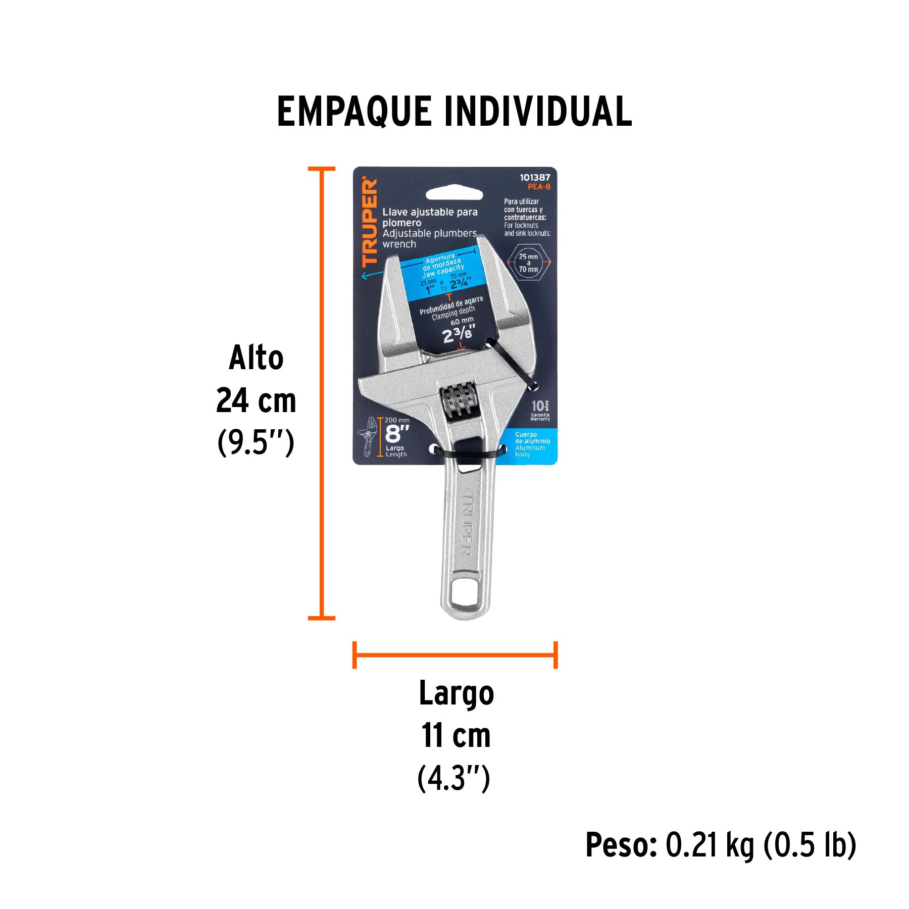 Llave ajustable 8" para plomero, apertura 3", TRUPER TRUPER