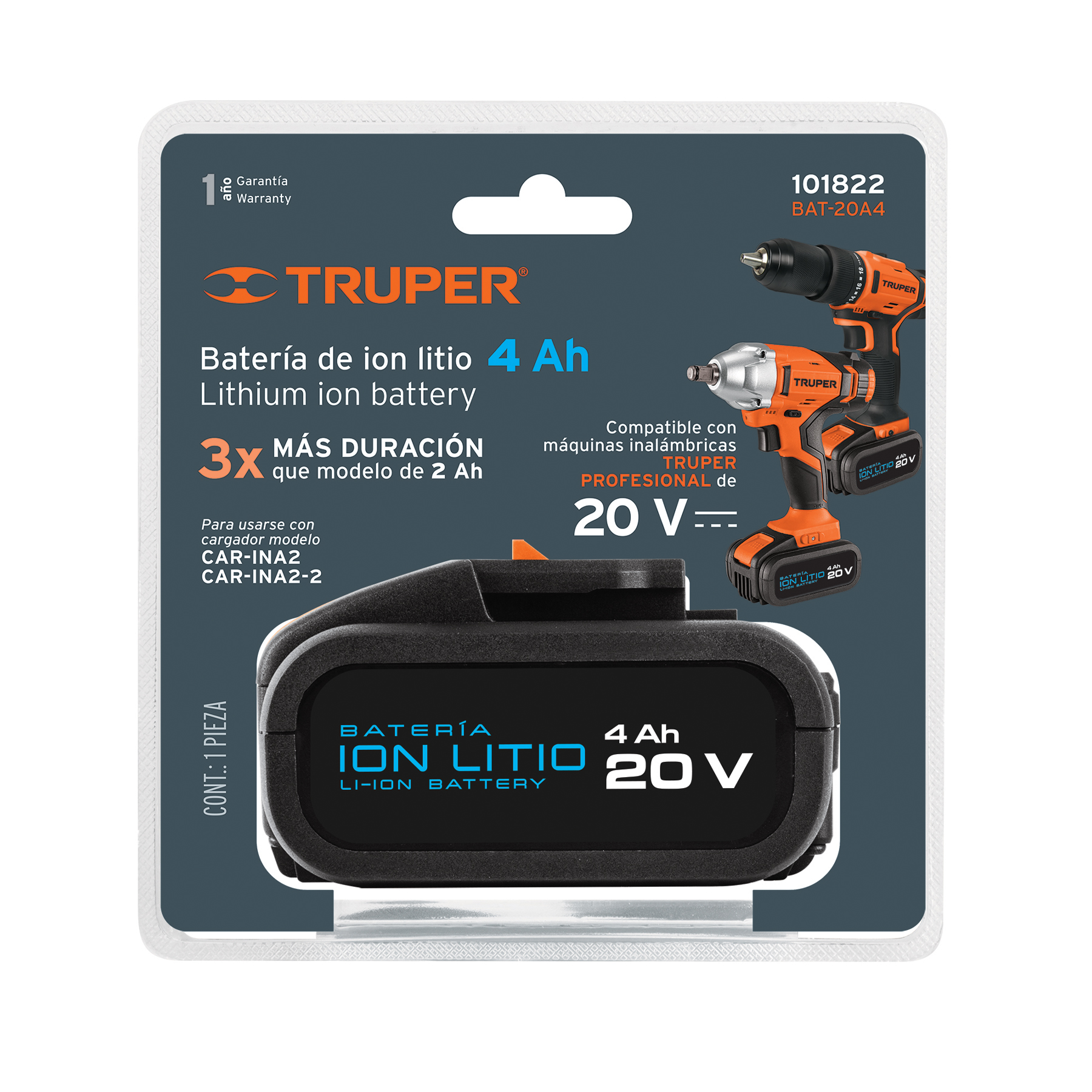 Batería ion litio, 20V, 4 Ah, TRUPER PRO TRUPER