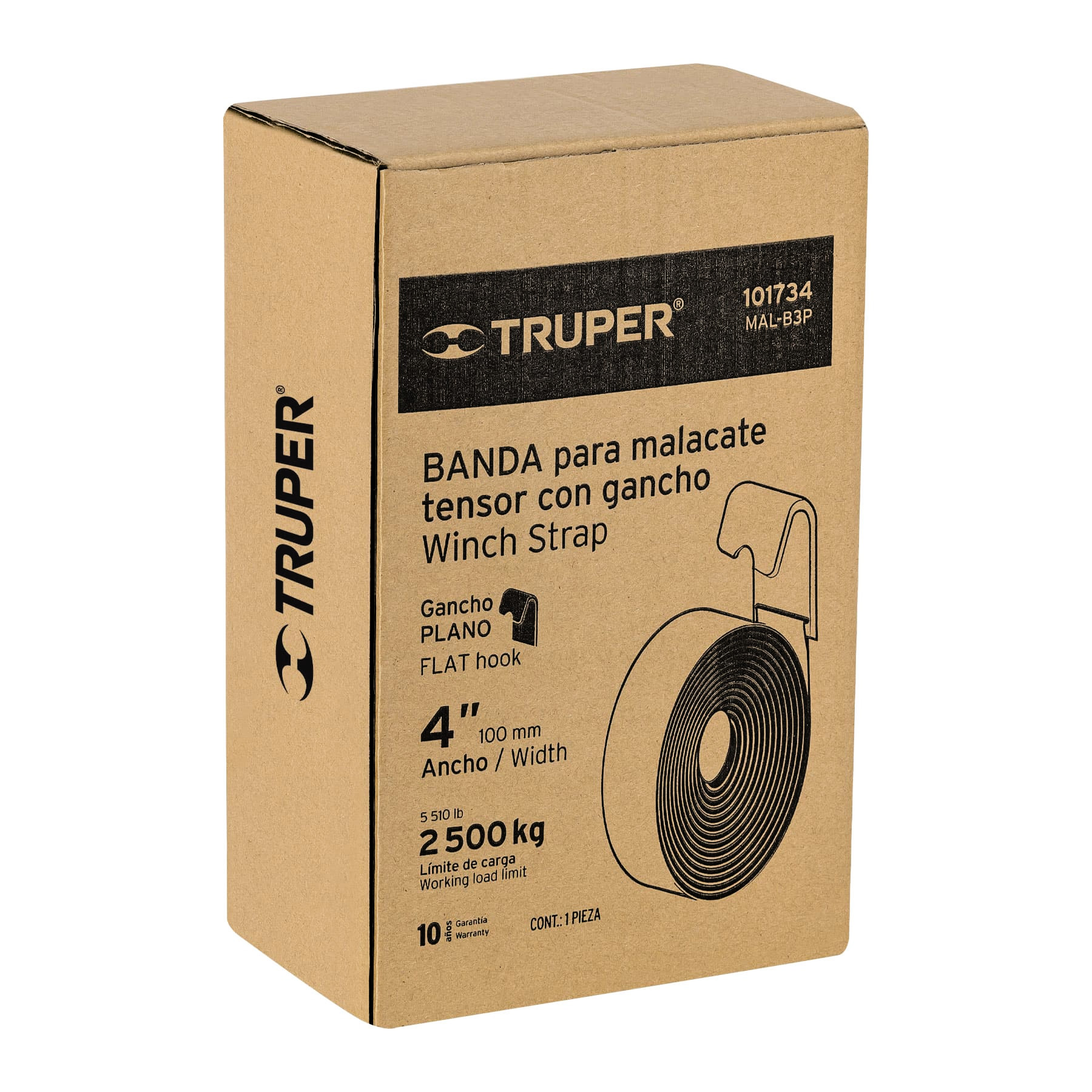 Banda de 4" x 9 m con gancho plano para malacate, TRUPER TRUPER