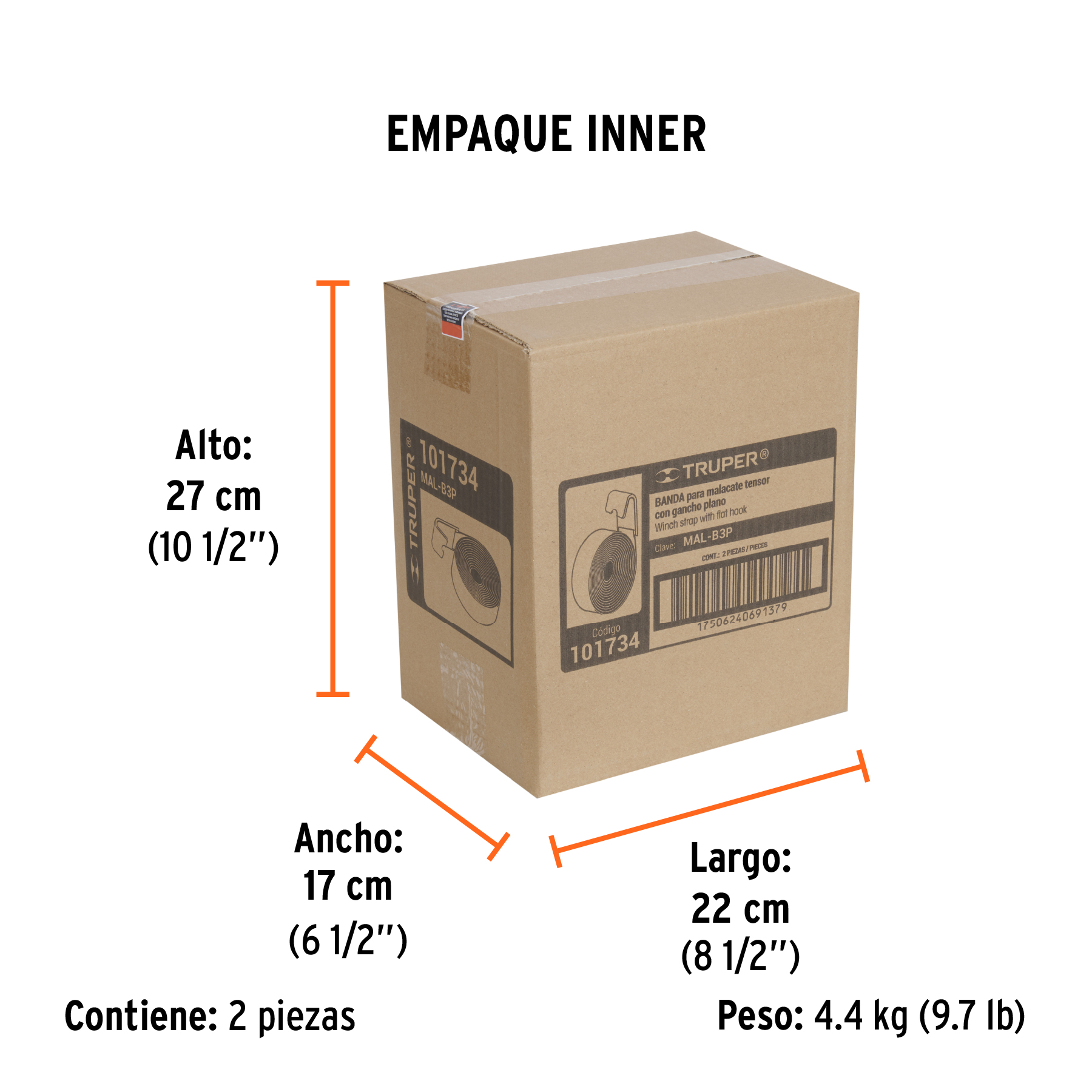 Banda de 4" x 9 m con gancho plano para malacate, TRUPER TRUPER