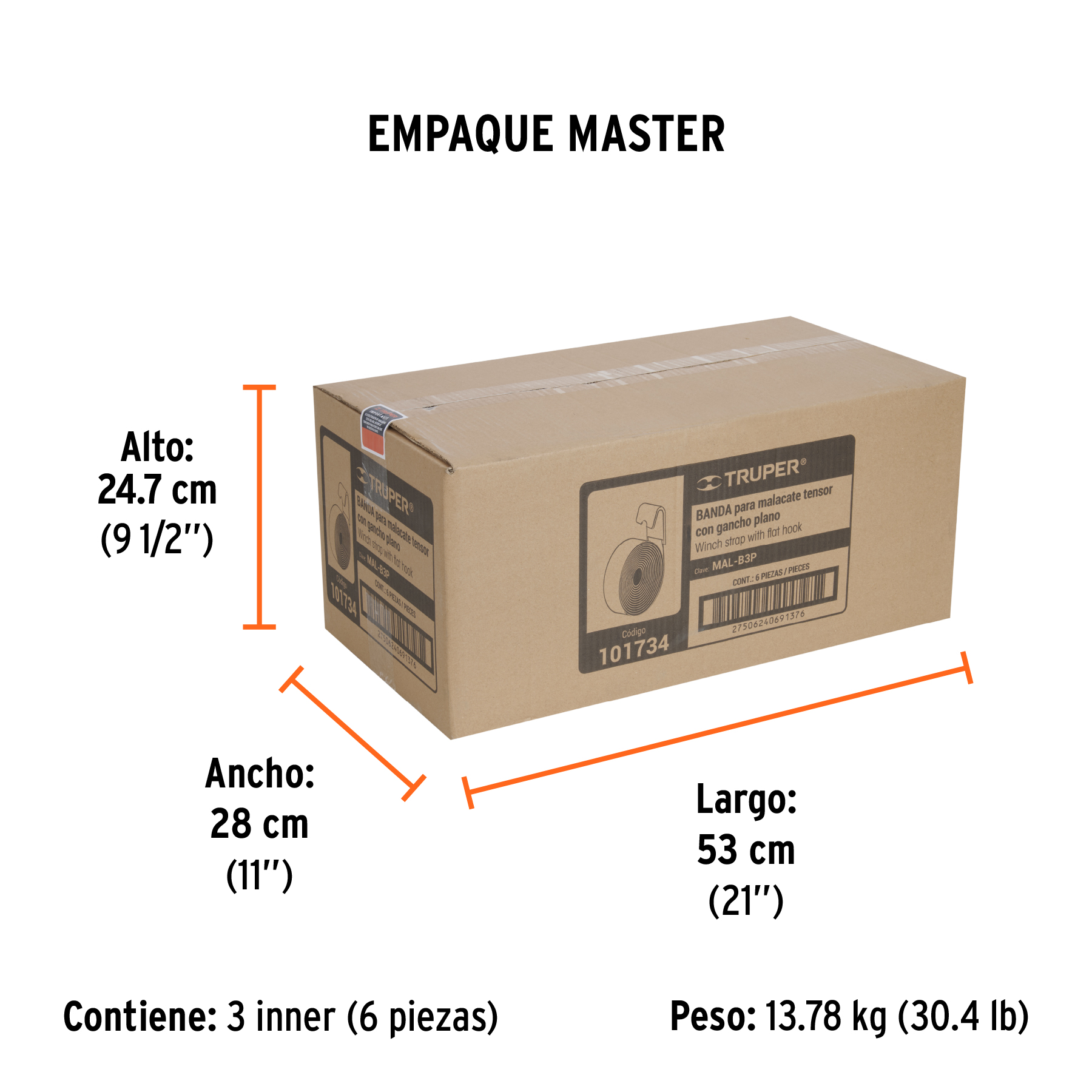 Banda de 4" x 9 m con gancho plano para malacate, TRUPER TRUPER