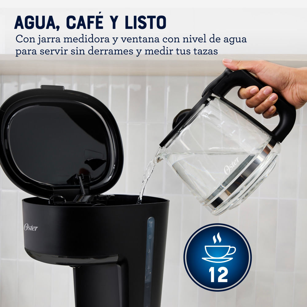 Oster Cafetera, 12 Tazas, con Filtro Reutilizable, Botón Luz Encendido y Apagado, Función Pausa y Servir, Ventanilla de Agua, Negro, BVSTDCS121B Oster