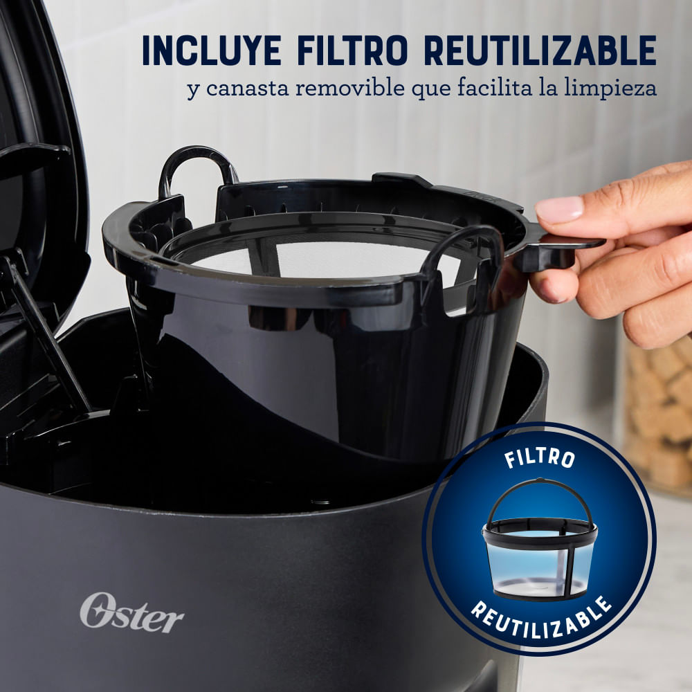 Oster Cafetera, 12 Tazas, con Filtro Reutilizable, Botón Luz Encendido y Apagado, Función Pausa y Servir, Ventanilla de Agua, Negro, BVSTDCS121B Oster