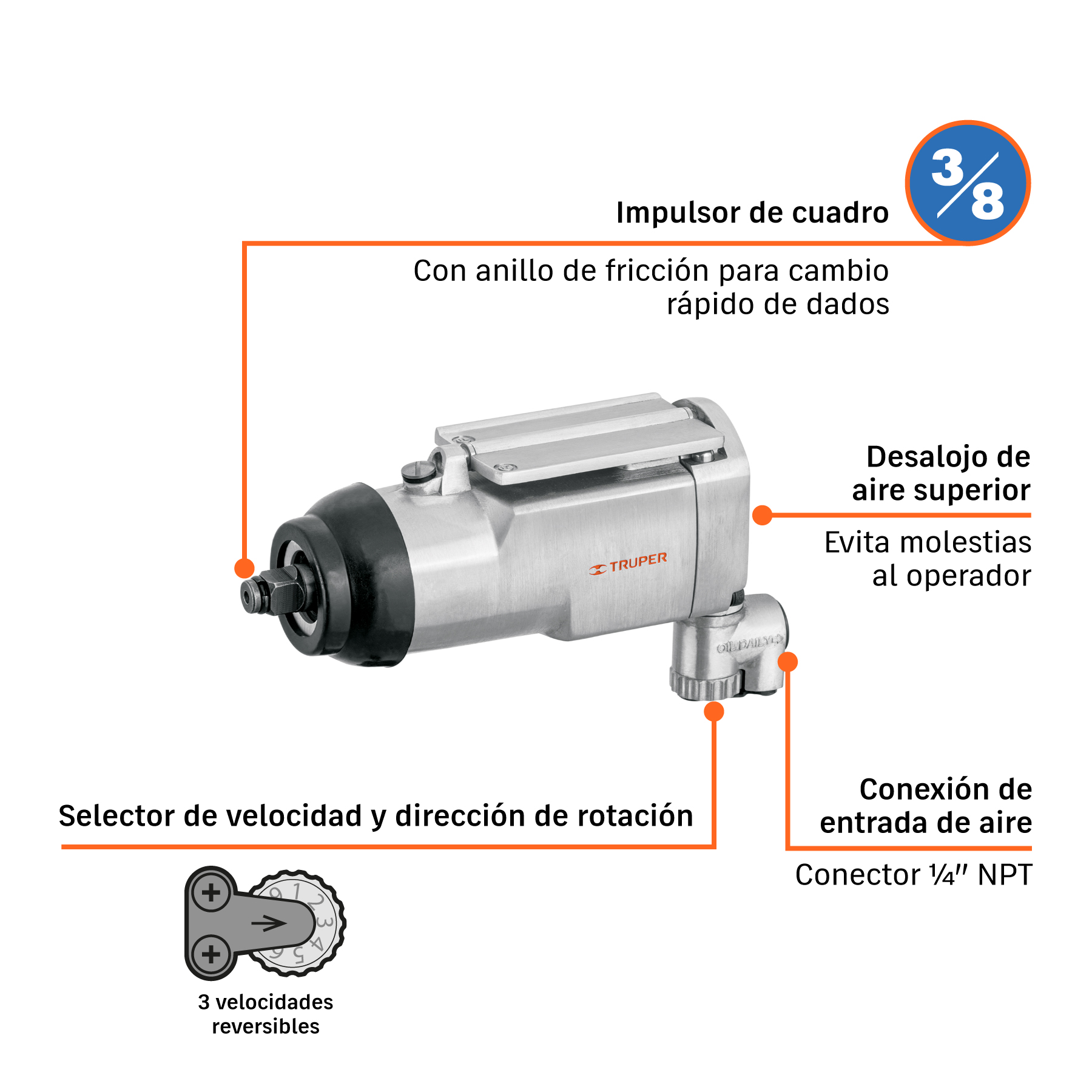 Llave (pistola) de impacto neumática 3/8", TRUPER TRUPER
